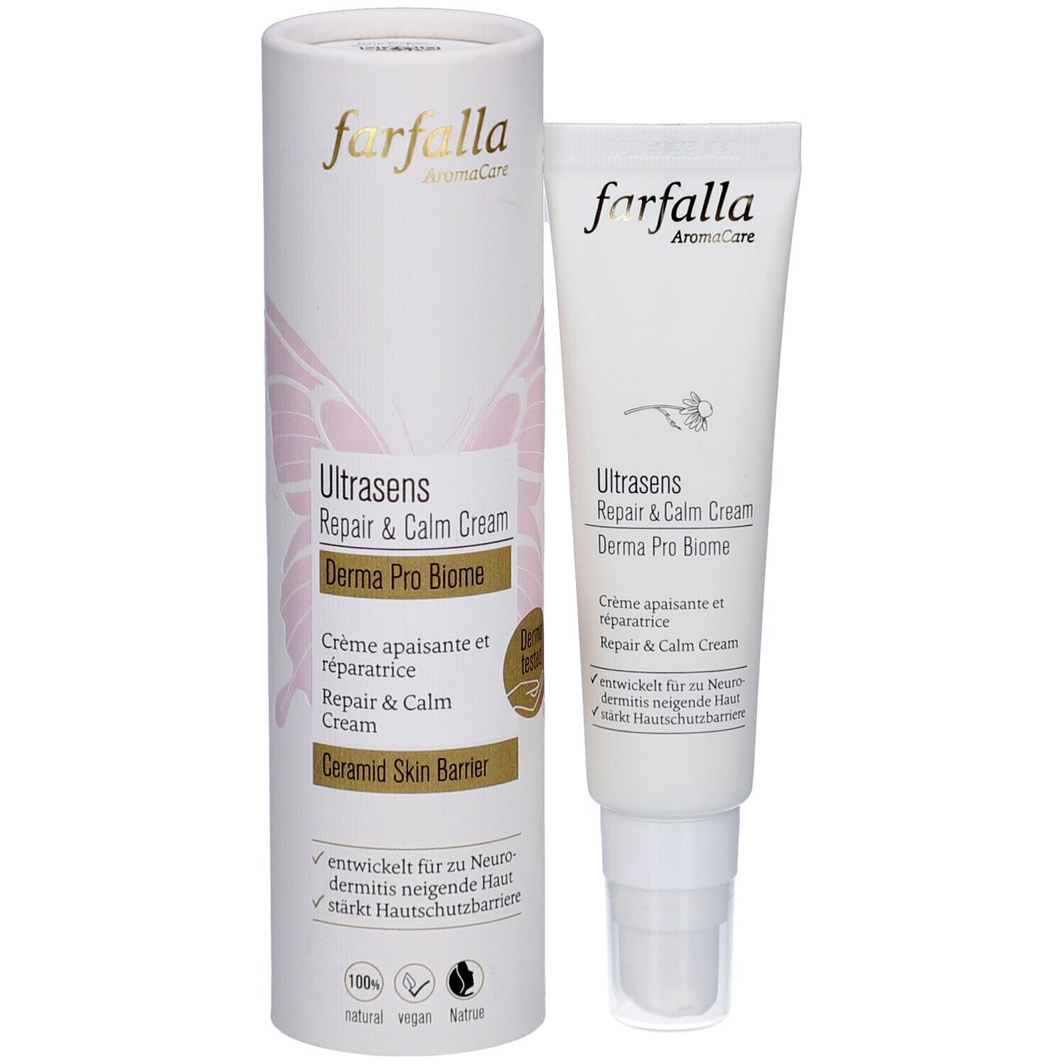 Tube et emballage. Farfalla Ultrasens Repair & Calm Cream. Emballage avec informations.