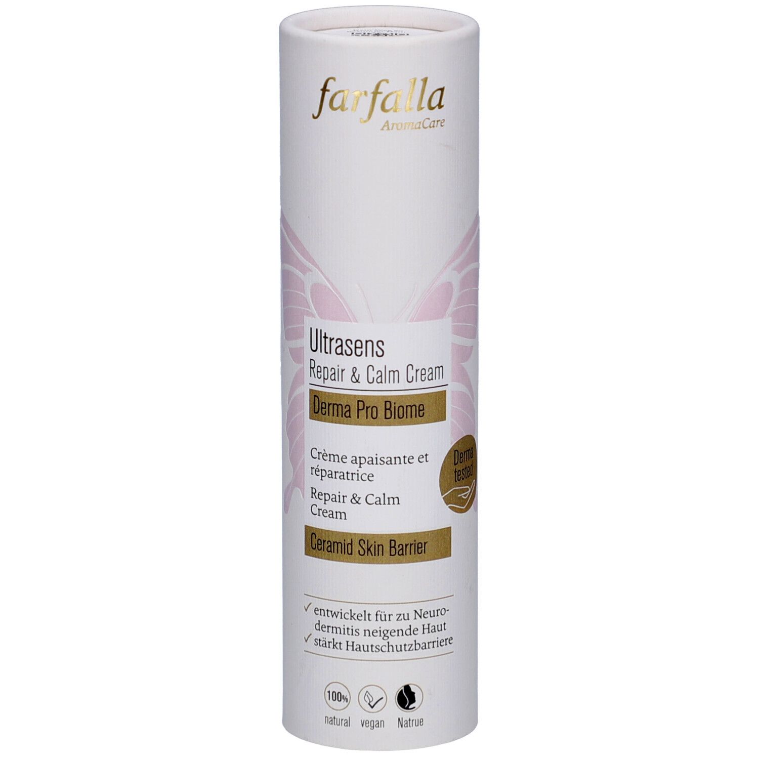 Emballage cylindrique. Farfalla Ultrasens Repair & Calm Cream. Informations et logo.