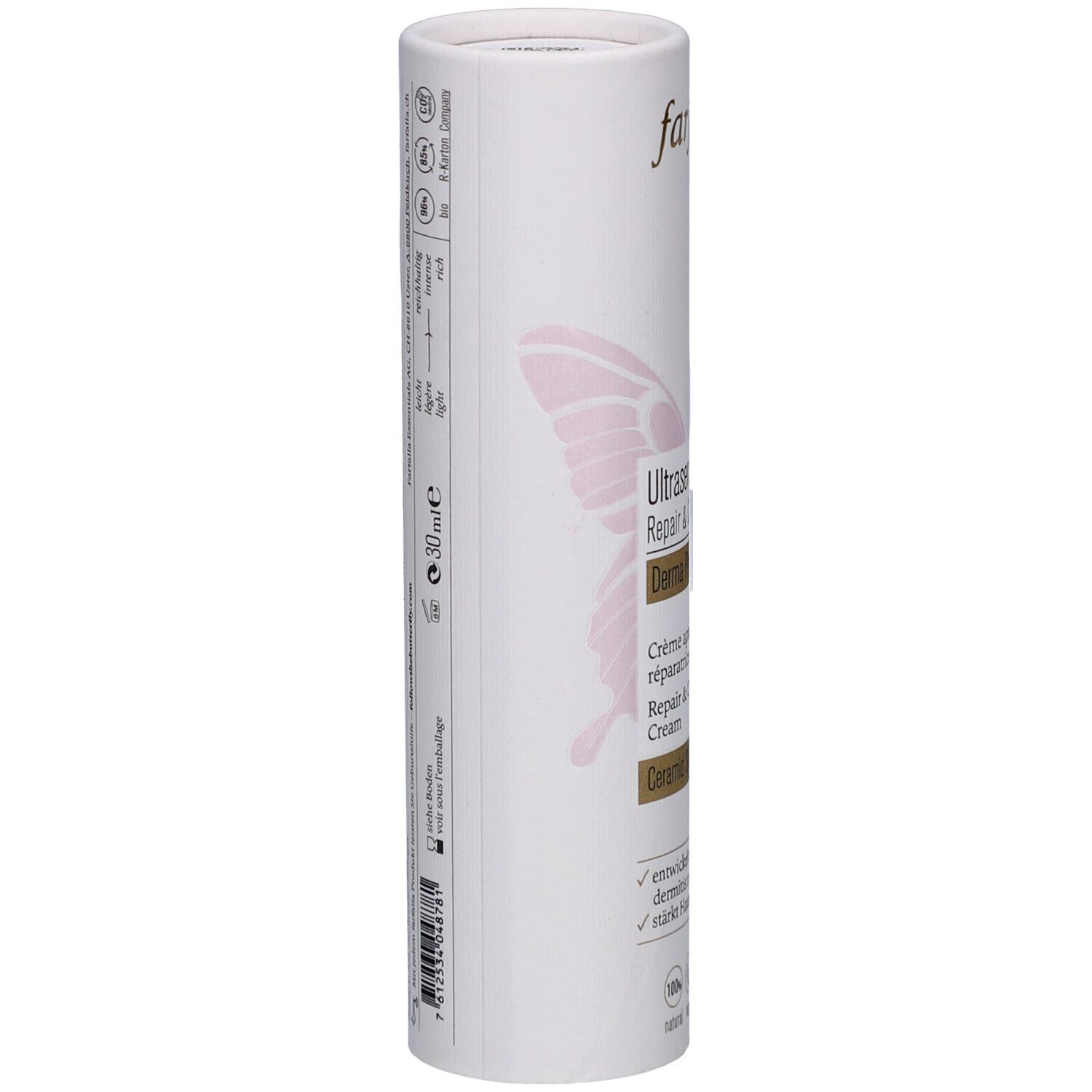 Emballage cylindrique. Farfalla Ultrasens Repair & Calm Cream. Informations et logo.