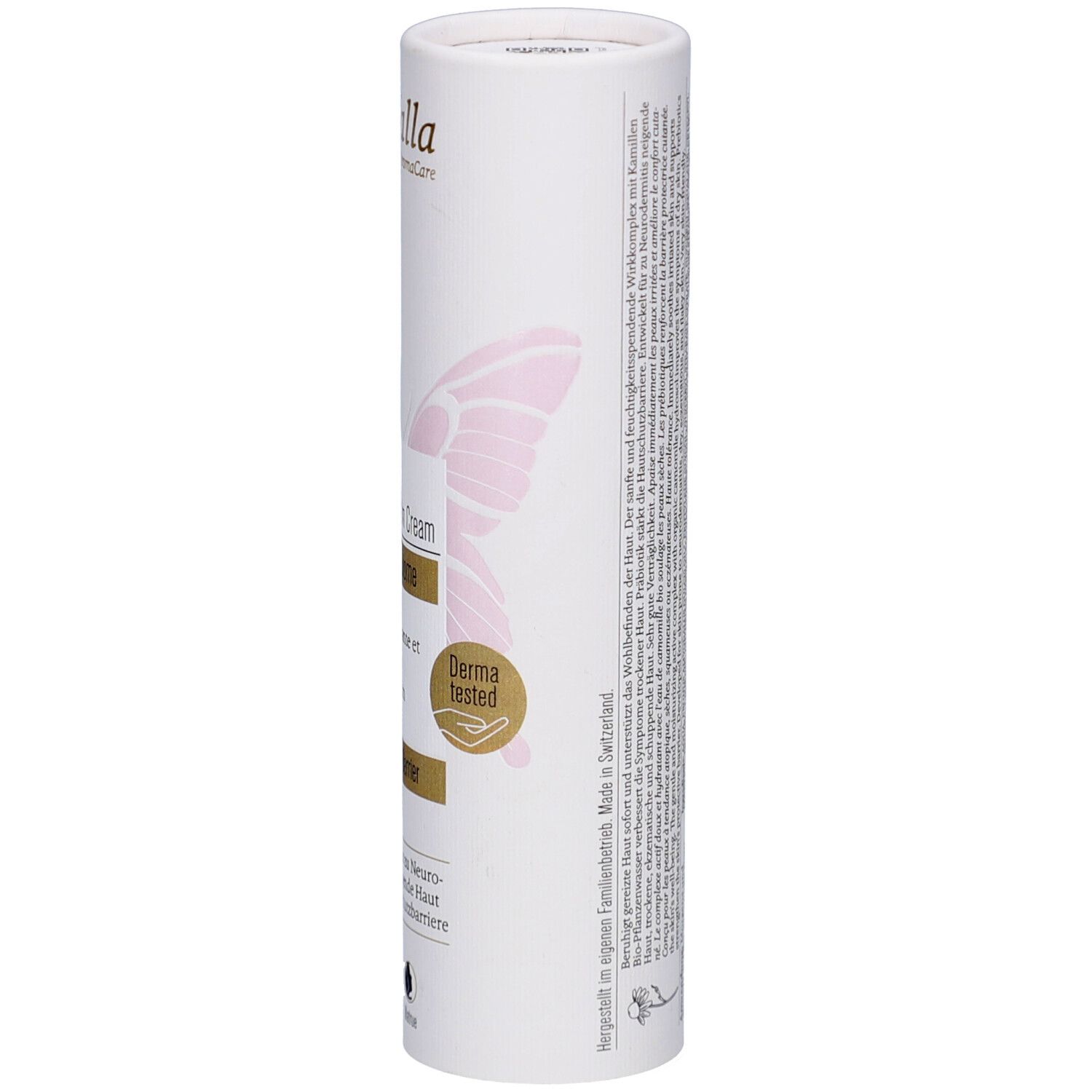 Emballage cylindrique. Farfalla Ultrasens Repair & Calm Cream. Informations et logo.