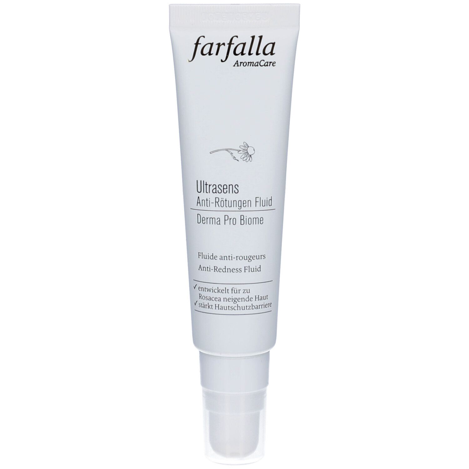 Witte tube met productnaam en logo. Tekst: Ultrasens Anti-Roodheid Fluid, Derma Pro Biome. Merk: farfalla.