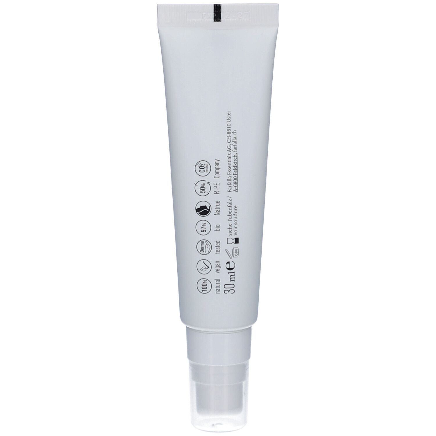 Witte tube, achterkant. Tekst: 30 ml, logo's voor vegan, dierproefvrij, etc. Fabrikantinformatie.