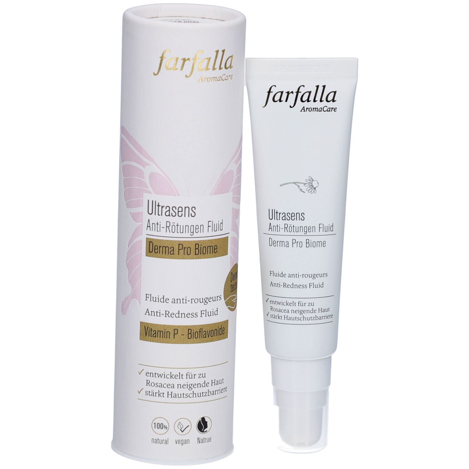 Product en verpakking. Witte tube en cilindrische verpakking. Tekst: Ultrasens Anti-Roodheid Fluid, Derma Pro Biome.