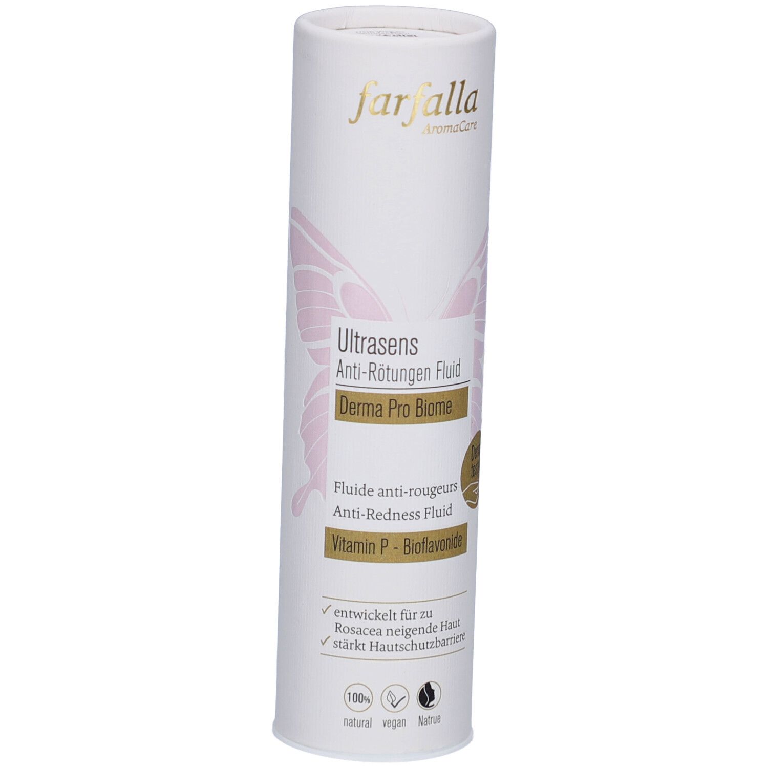 Cilindrische verpakking. Tekst: Ultrasens Anti-Roodheid Fluid, Derma Pro Biome. Merk: farfalla. Roze vlindermotief.