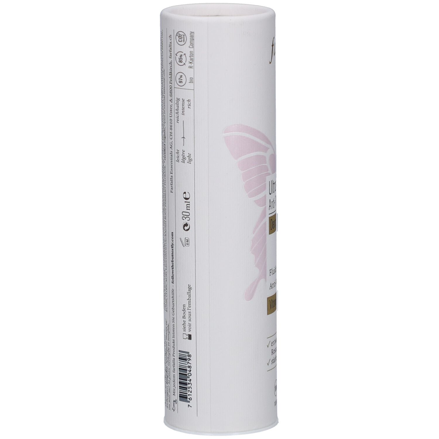 Cilindrische verpakking, detail. Tekst: 30 ml, logo's voor vegan, dierproefvrij, etc. Fabrikantinformatie.