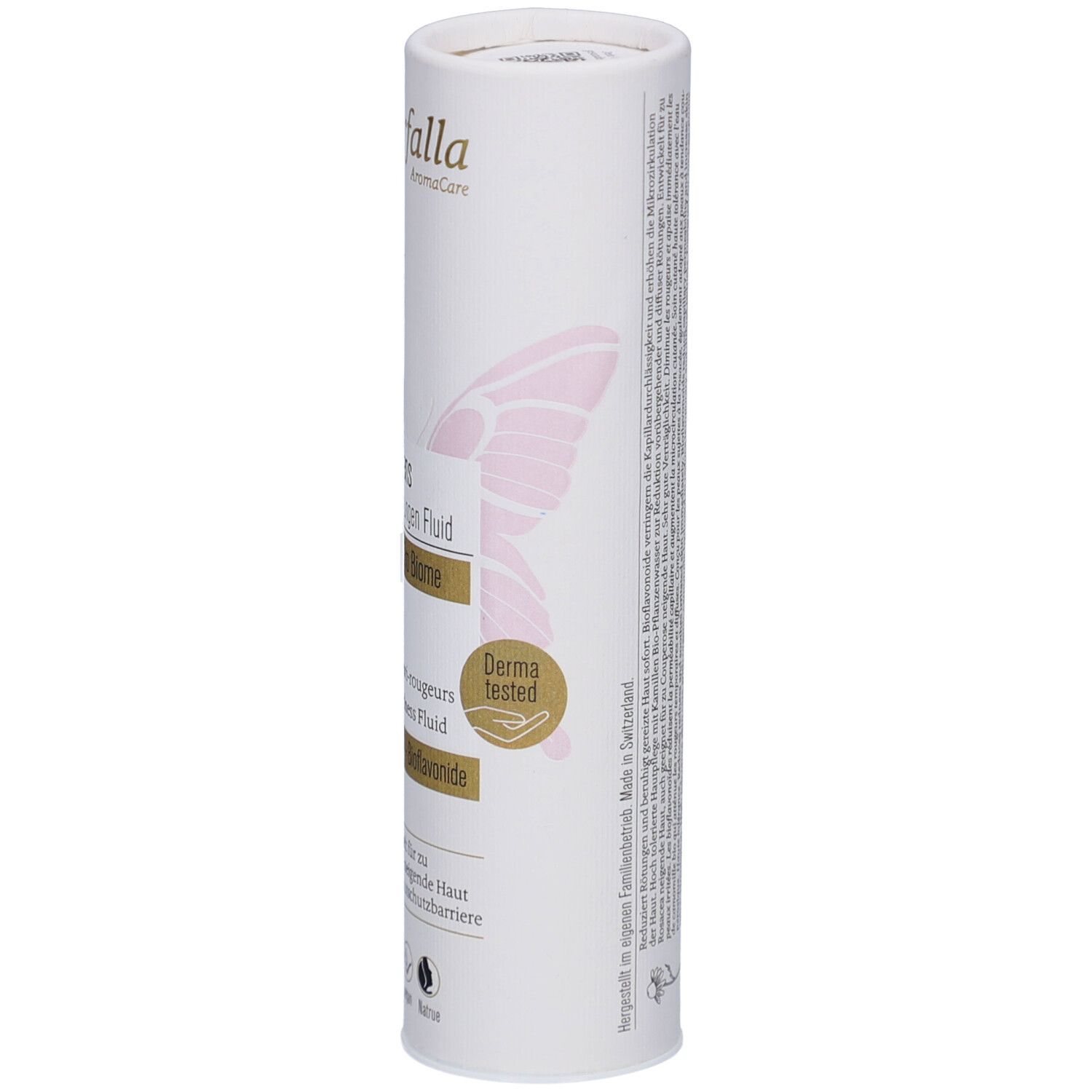 Cilindrische verpakking, detail. Tekst: Derma tested. Productnaam, merk: farfalla. Roze vlindermotief.