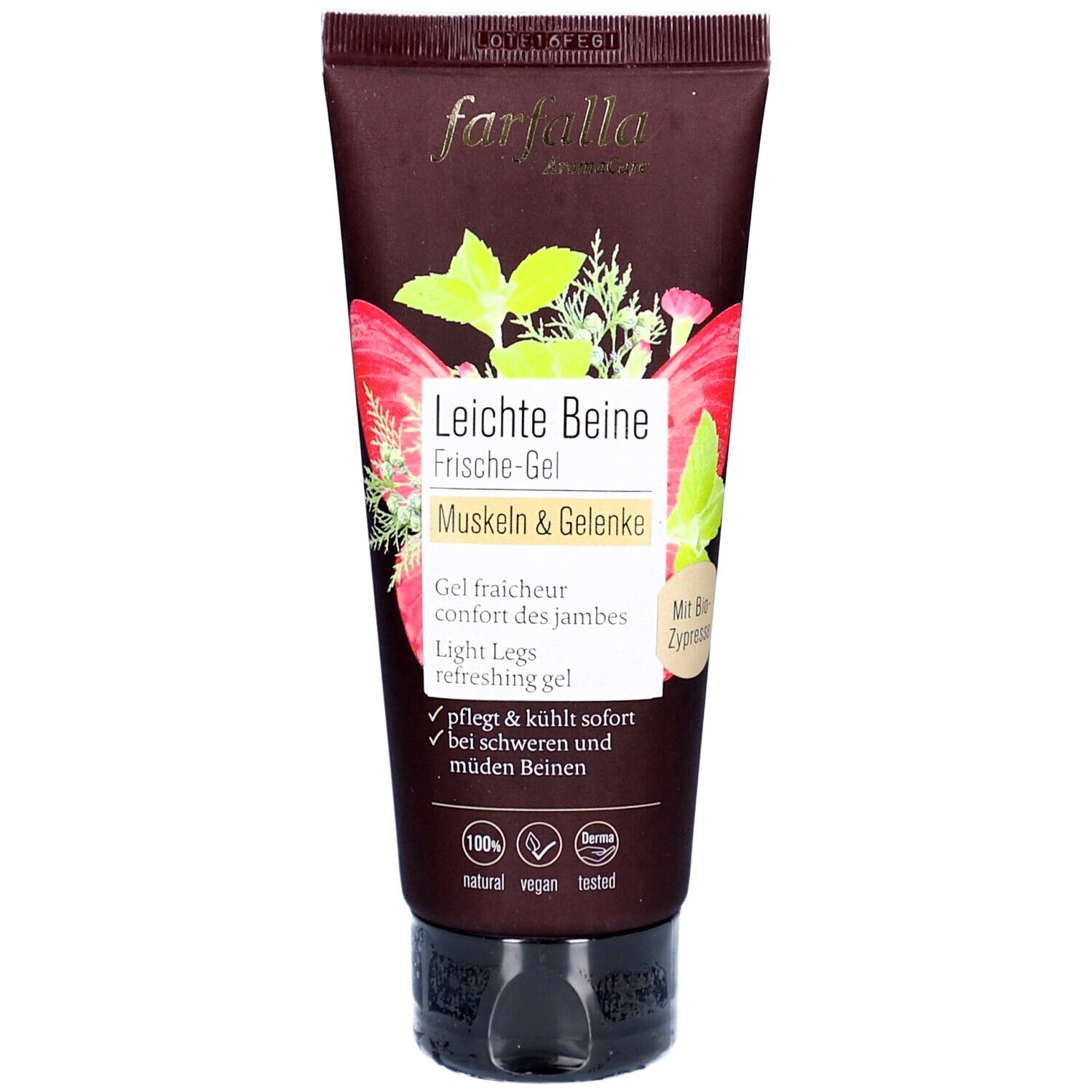 Bruine tube met Farfalla-logo en tekst 'Leichte Beine Frische-Gel'. Illustratie van aardbeien en kruiden. Met Vegan- en Dermatest-zegels.