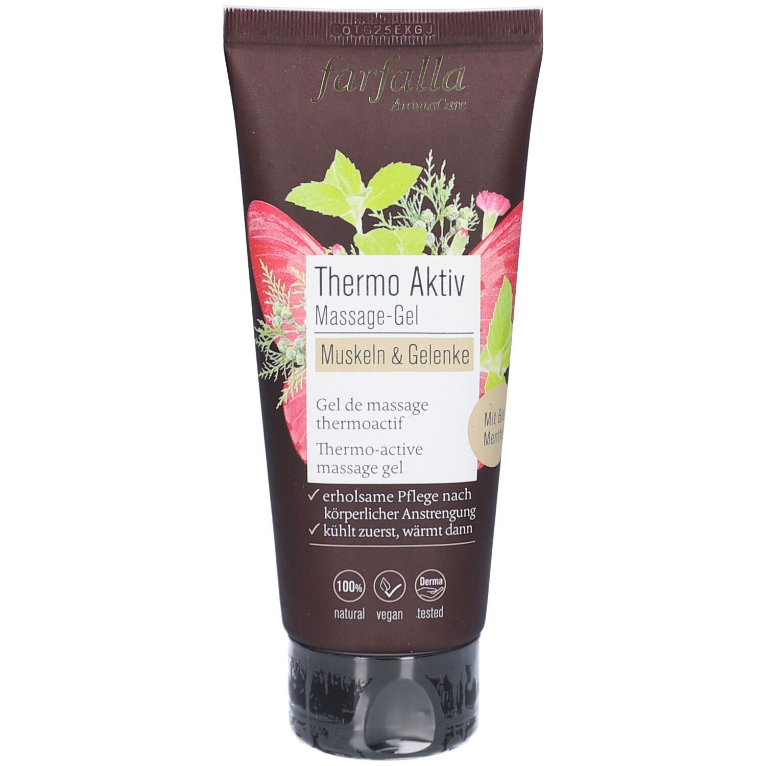 Bruine tube met "Thermo Aktiv Massage-Gel". Illustraties van kruiden en bladeren. Logo "Farfalla".