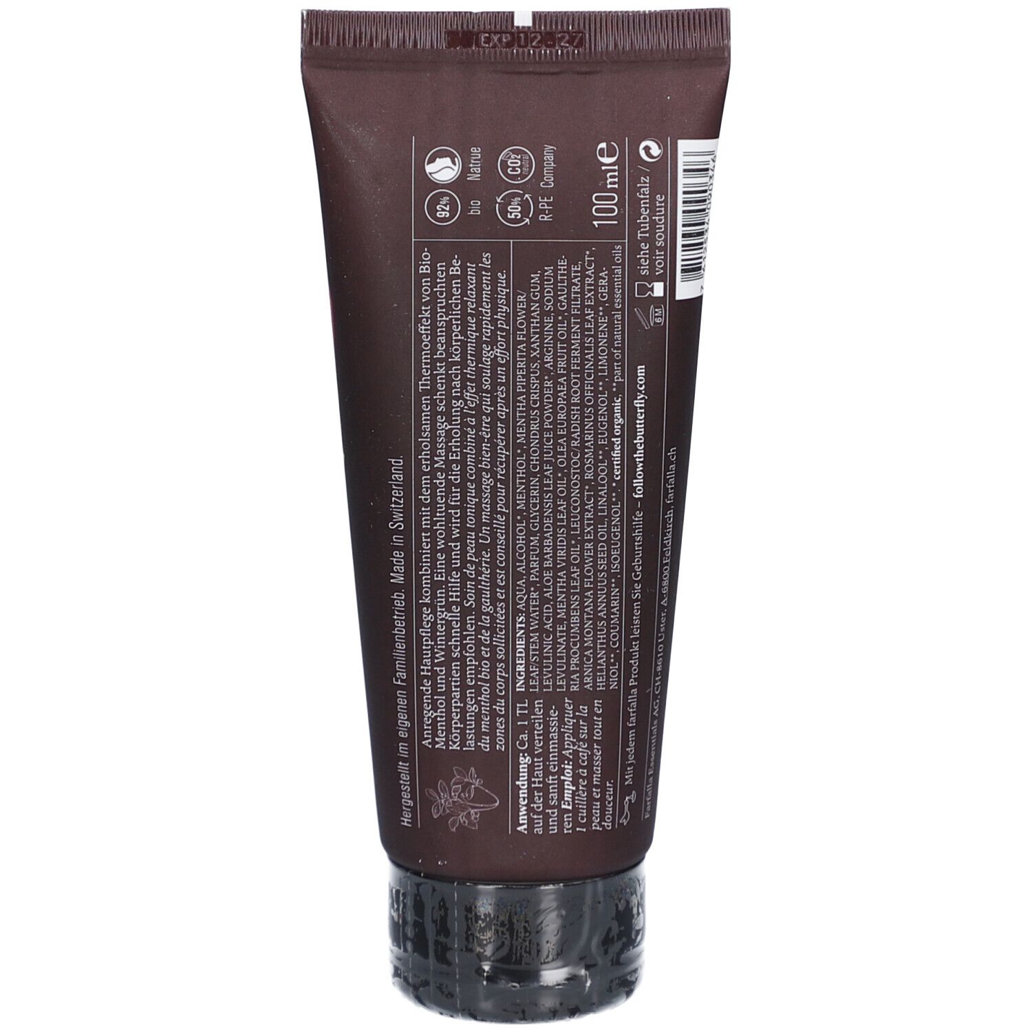 Achterkant van de bruine tube. Tekst met ingrediënten en gebruiksaanwijzing. Logo "Farfalla".