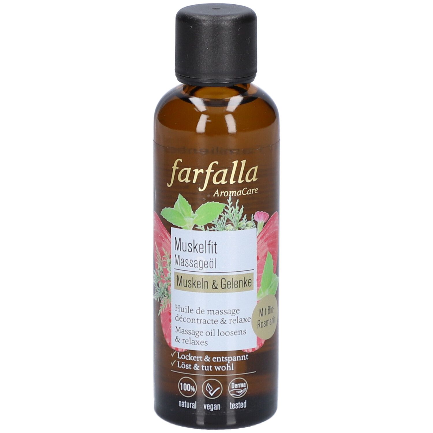 Bruine glazen fles met zwarte dop. Etiket met productnaam, bloemmotief en logo's.