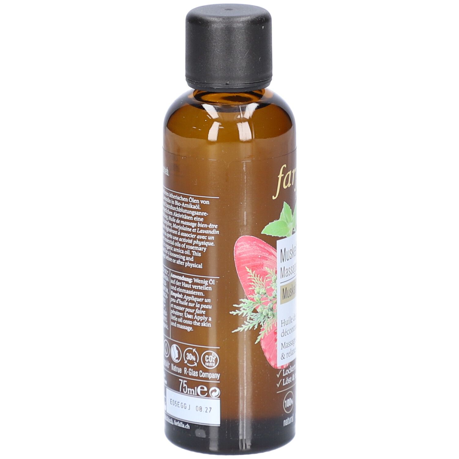 Bruine glazen fles met zwarte dop. Achterkant met tekst en logo's. Volume: 75 ml.