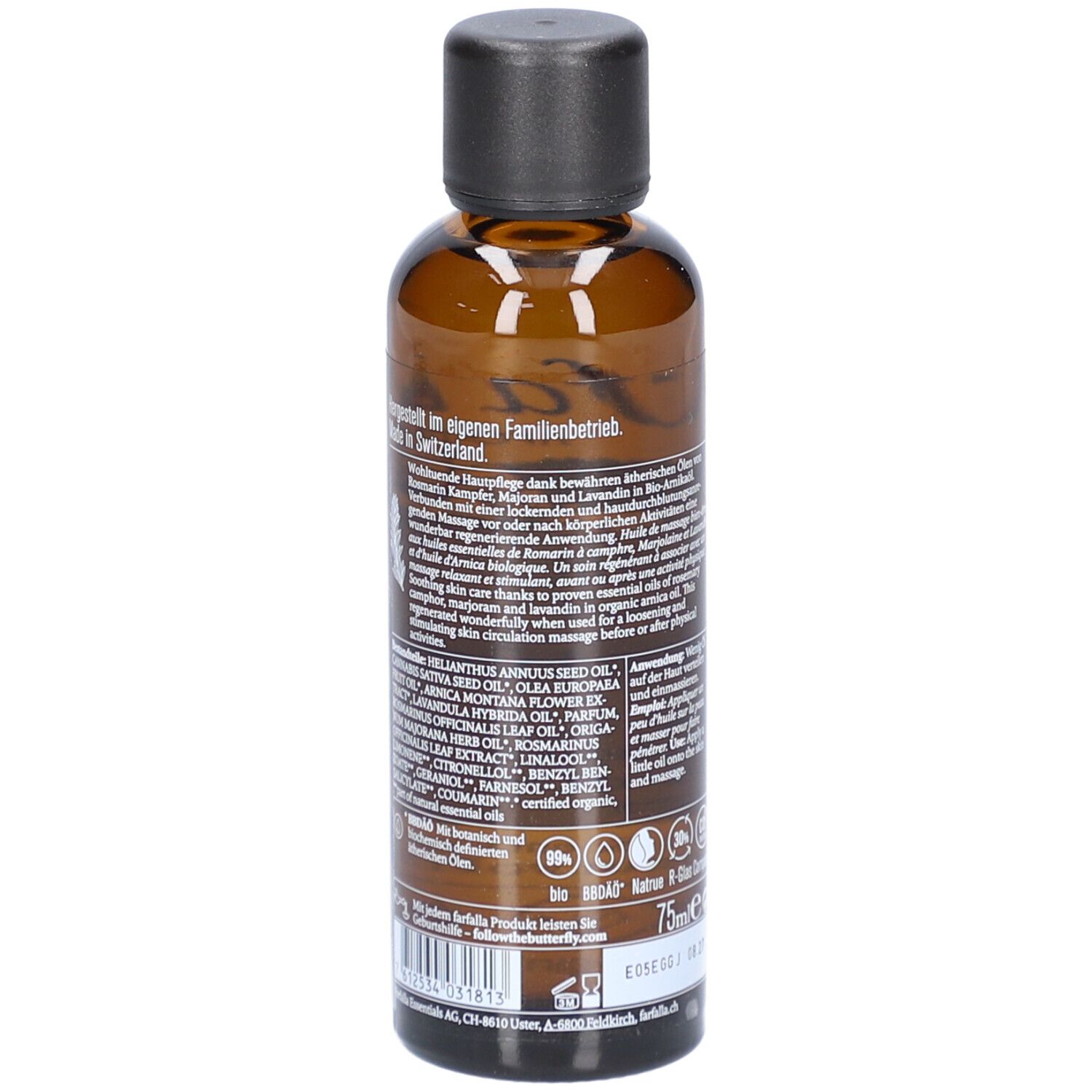 Bruine glazen fles met zwarte dop. Achterkant met tekst en logo's. Volume: 75 ml.