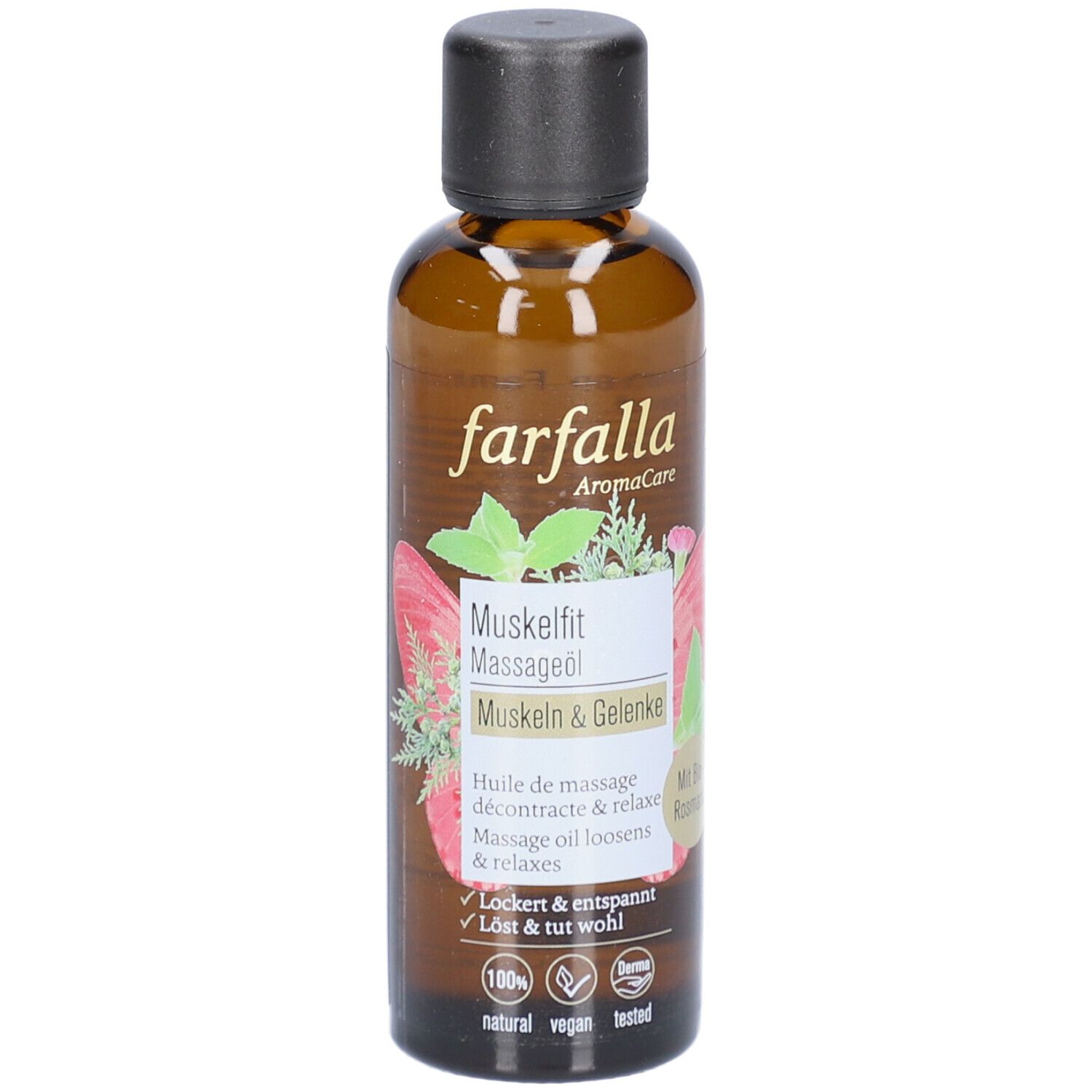 Bruine glazen fles met zwarte dop. Etiket met productnaam, bloemmotief en logo's.