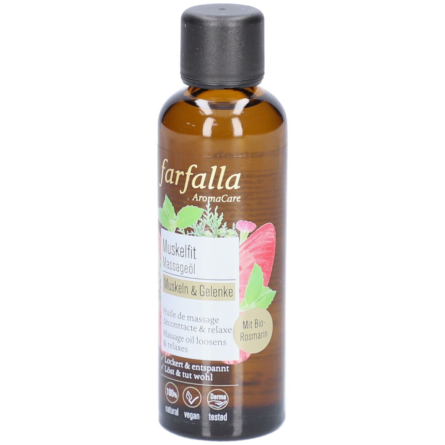 Bruine glazen fles met zwarte dop. Etiket met productnaam, bloemmotief en logo's.