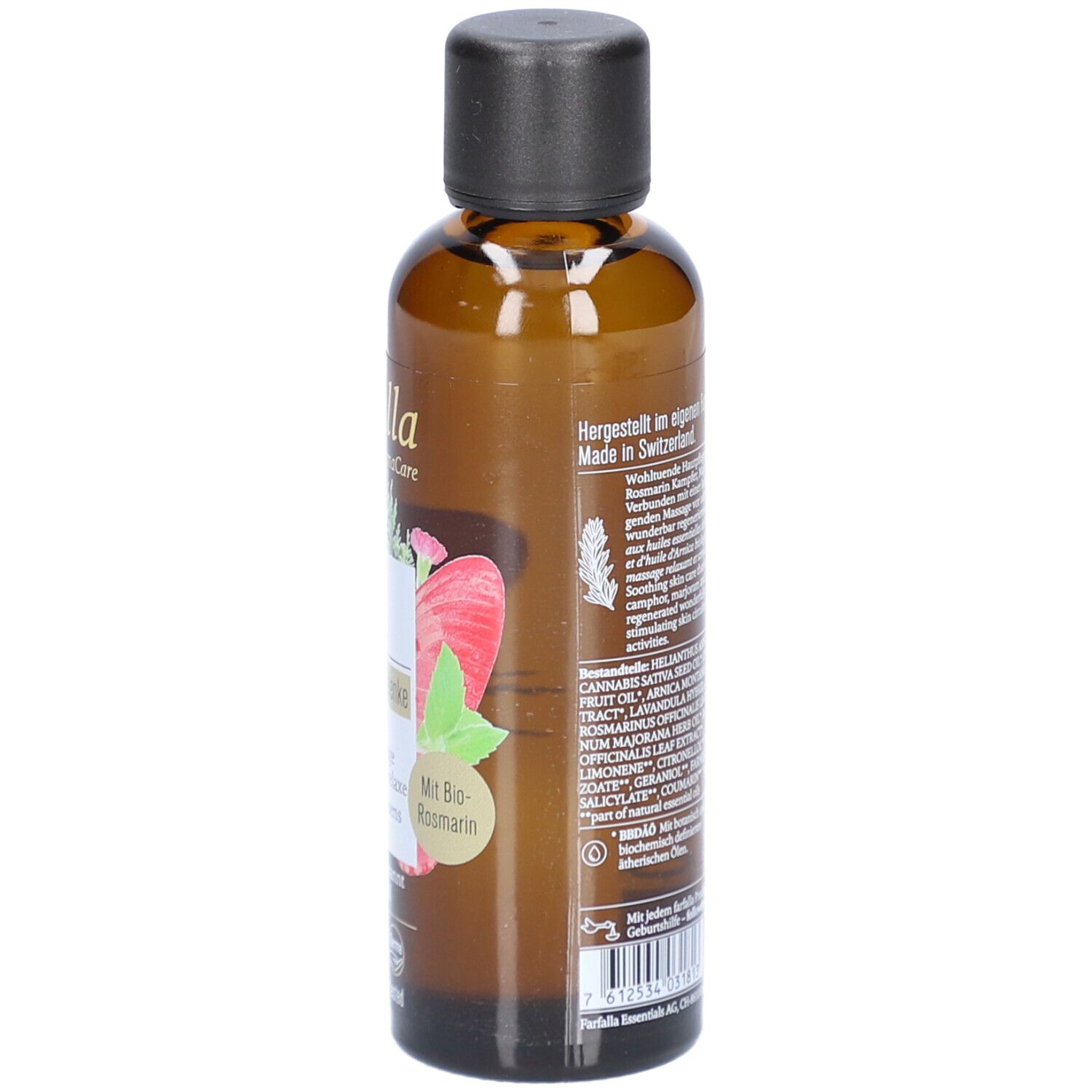 Bruine glazen fles met zwarte dop. Achterkant met tekst en logo's. Volume: 75 ml.