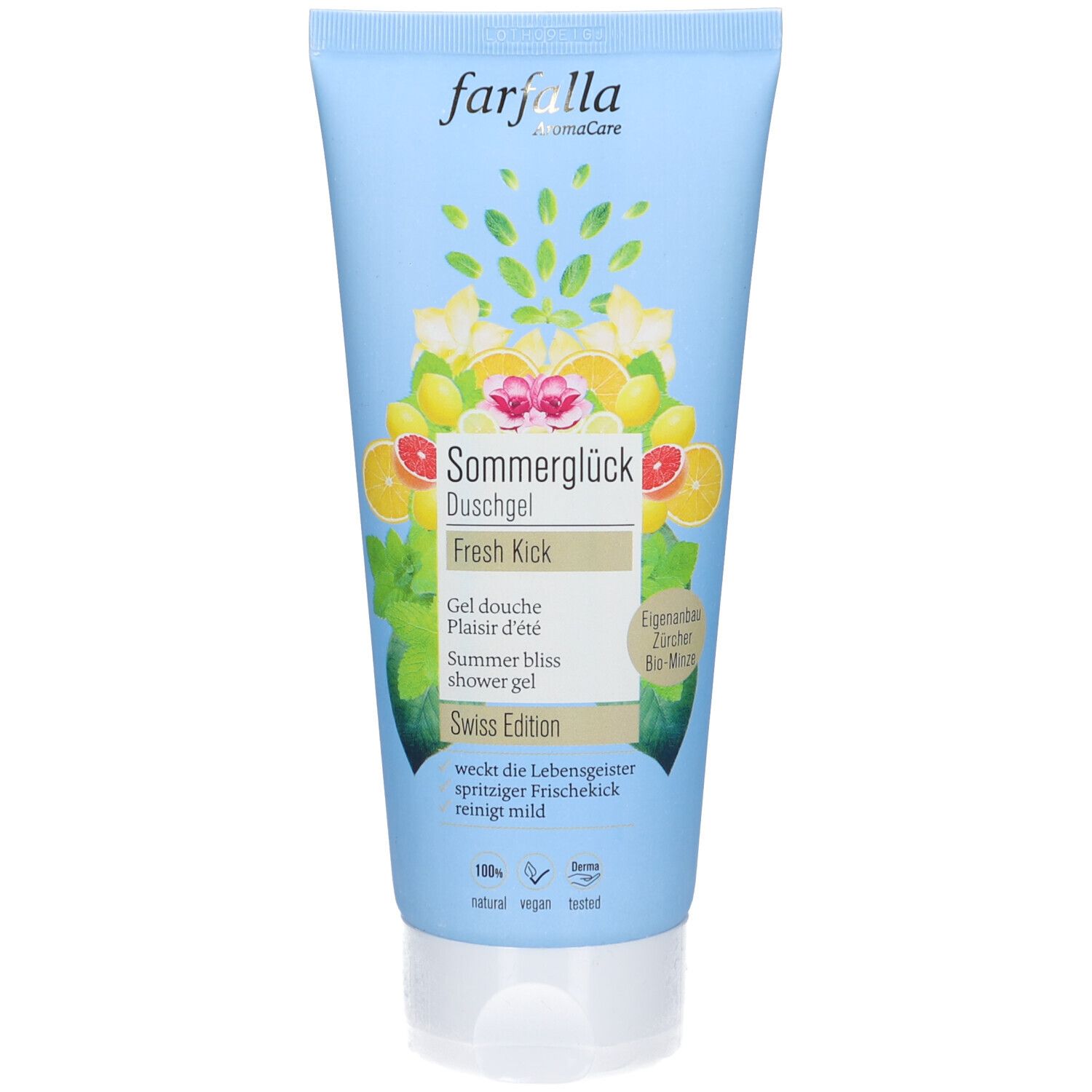 Lichtblauwe tube met productnaam en illustraties van fruit en bladeren. Opschrift: Farfalla Sommerglück Duschgel.
