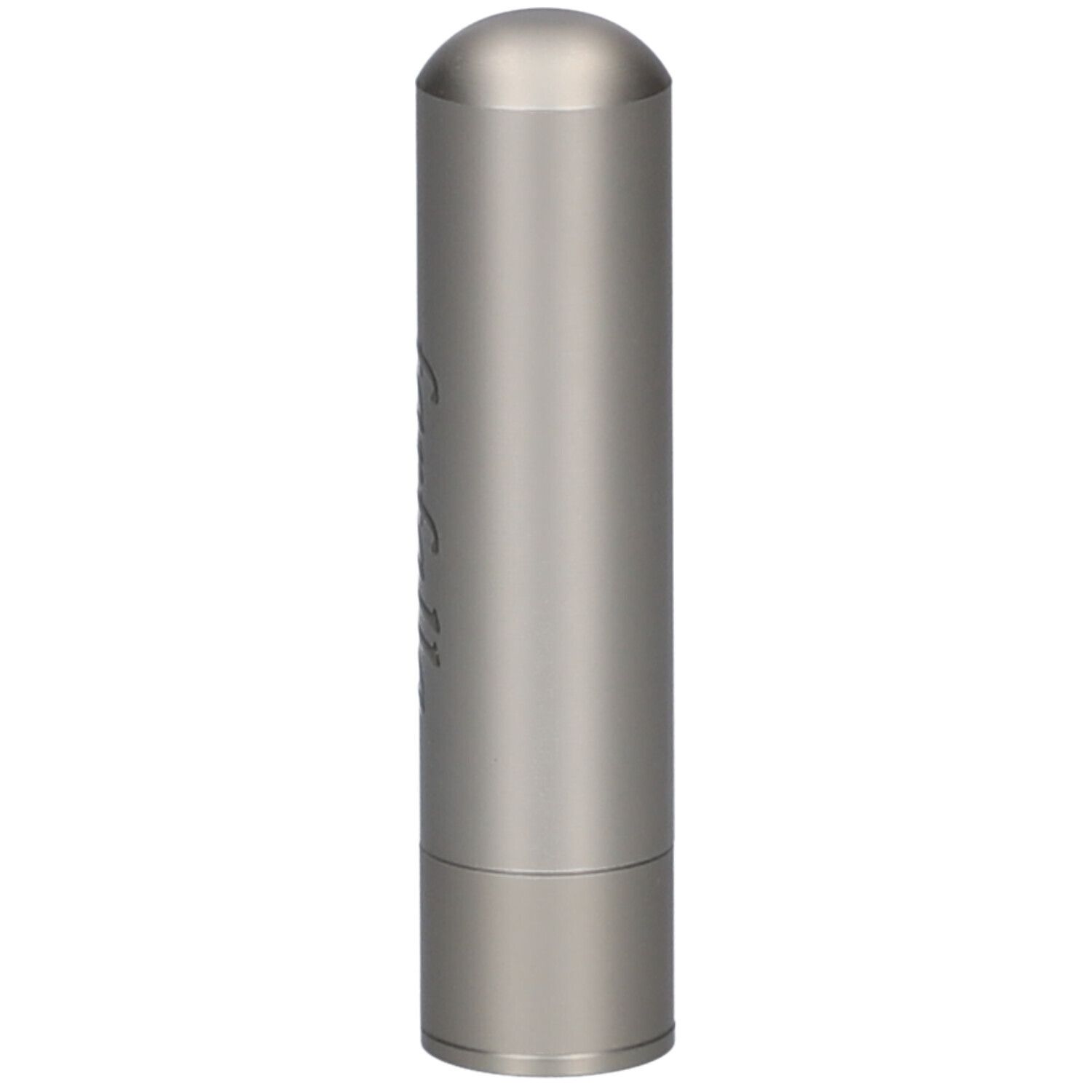 Stylo olfactif cylindrique beige en acier inoxydable, avec capuchon arrondi.