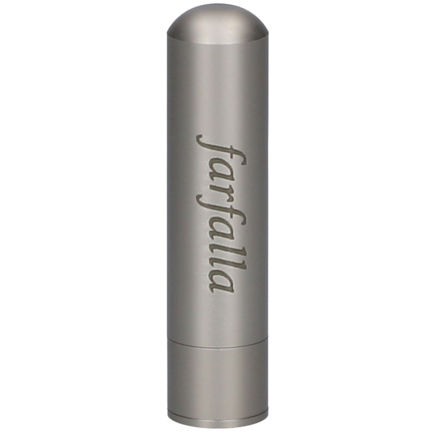 Stylo olfactif cylindrique beige en acier inoxydable, avec texte et capuchon arrondi.