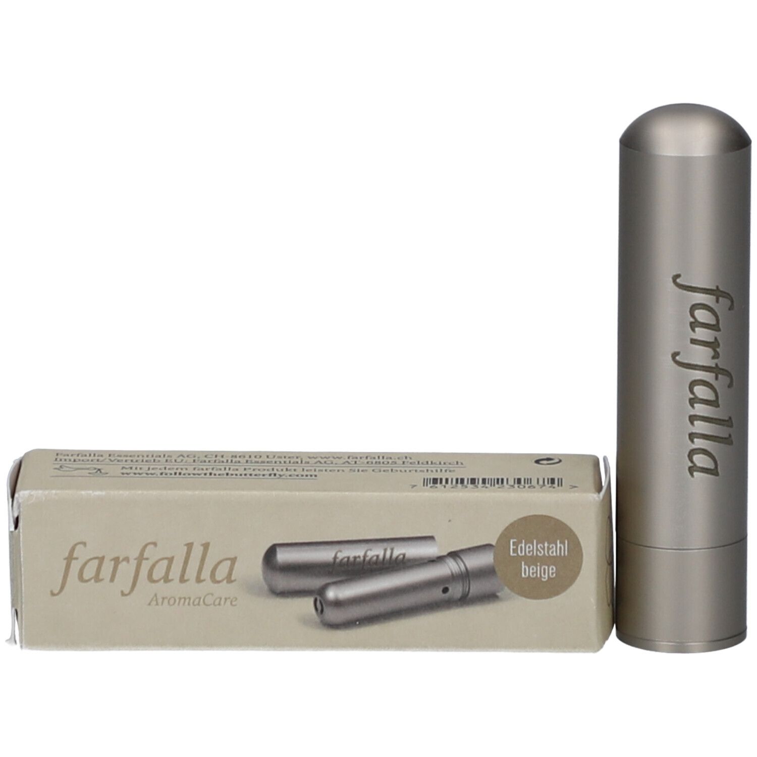 Stylo olfactif beige en acier inoxydable et emballage. Inscription: farfalla, AromaCare, Edelstahl beige.