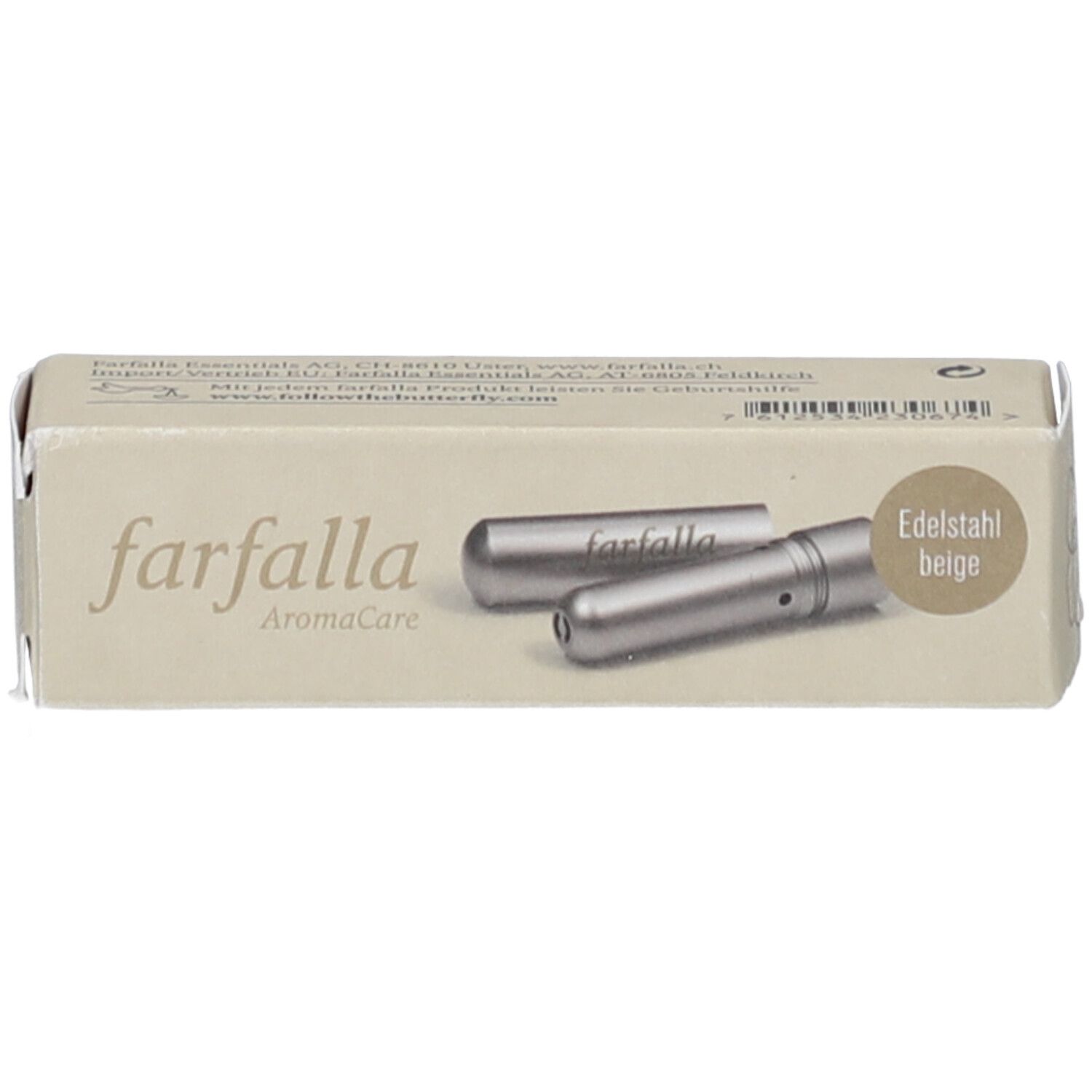 Emballage avec inscription: farfalla, AromaCare, Edelstahl beige. Deux stylos olfactifs représentés.