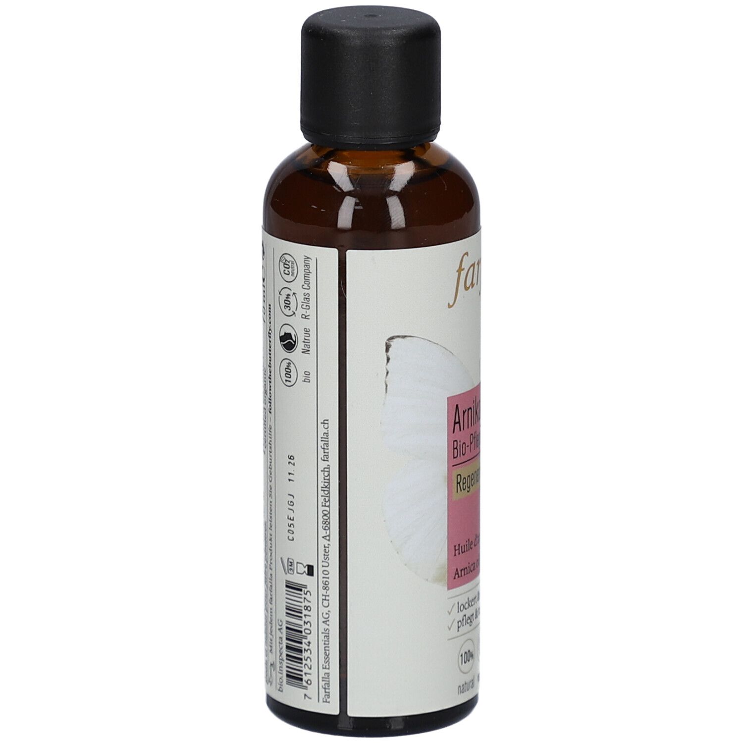 Flacon en verre brun avec bouchon noir. Étiquette avec informations sur le produit et logos. Dos avec texte et code-barres.