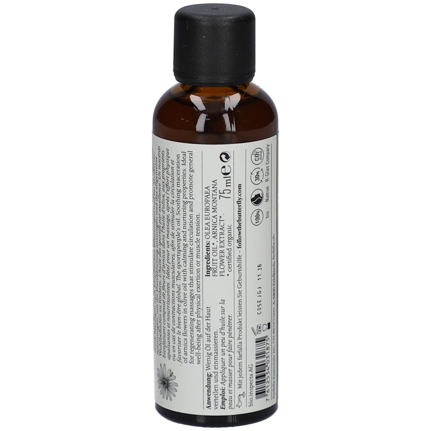 Flacon en verre brun avec bouchon noir. Étiquette avec ingrédients et texte. 75 ml.