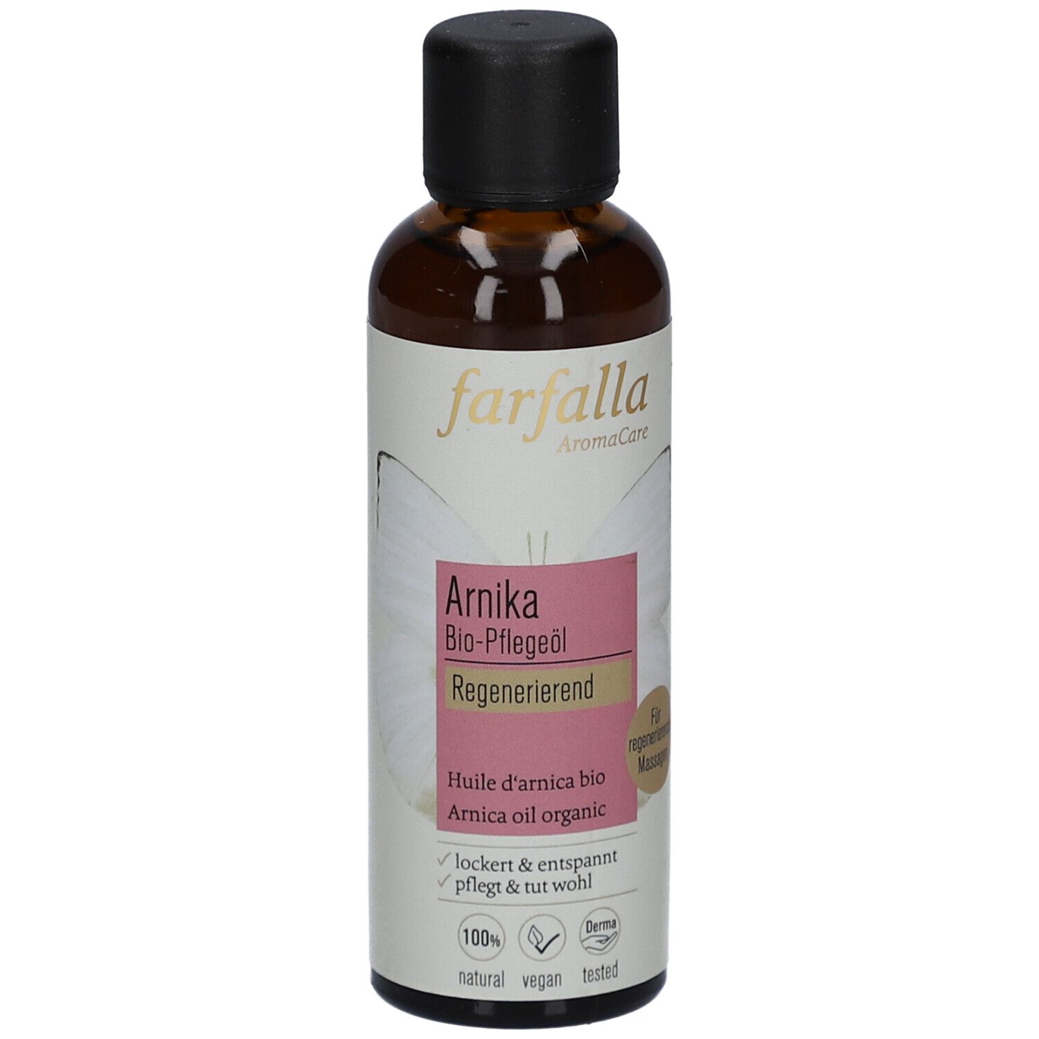 Flacon en verre brun avec bouchon noir. Étiquette avec nom du produit, marque Farfalla et logos. Contient de l'huile bio.