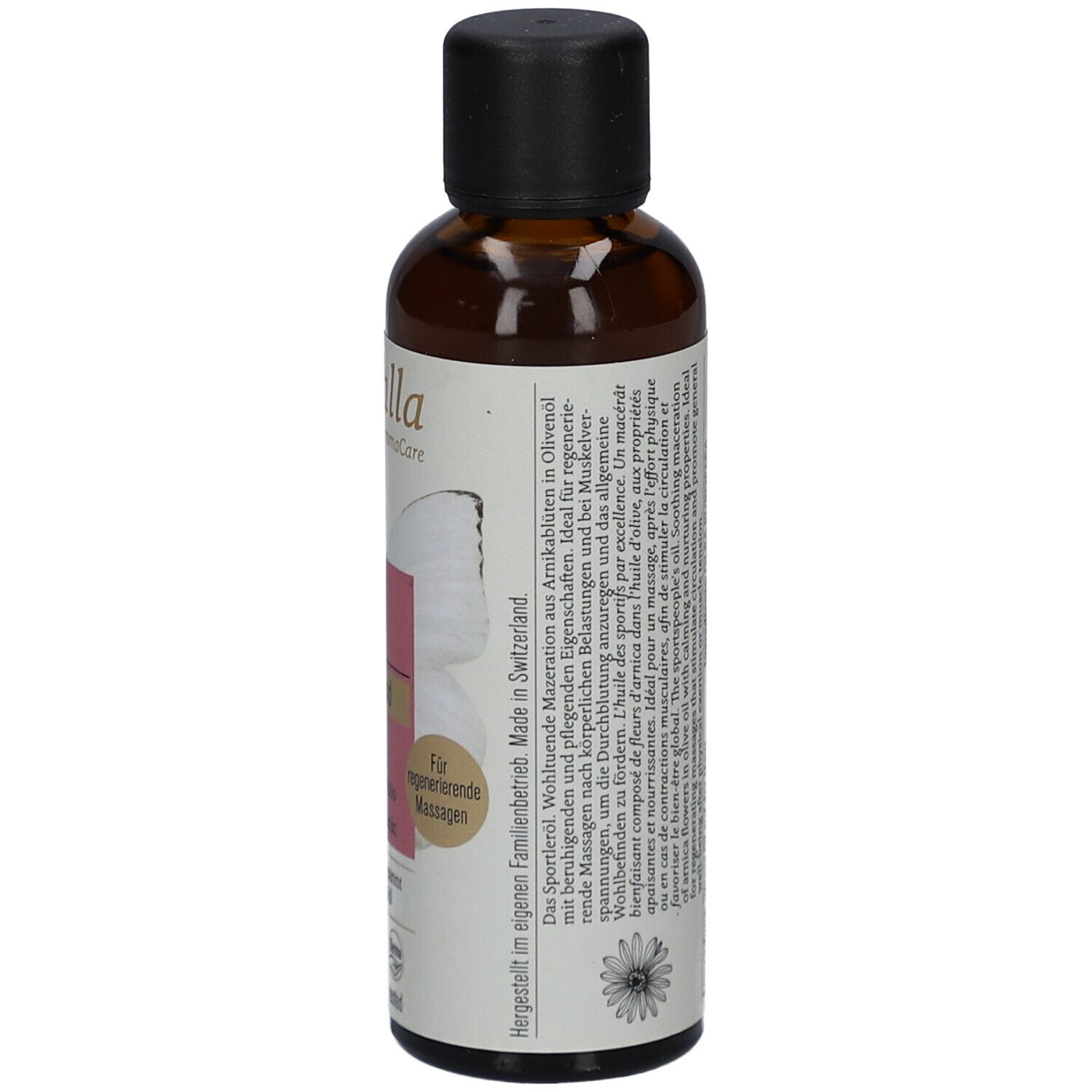 Flacon en verre brun avec bouchon noir. Étiquette avec informations sur le produit et texte. Fabriqué en Suisse.