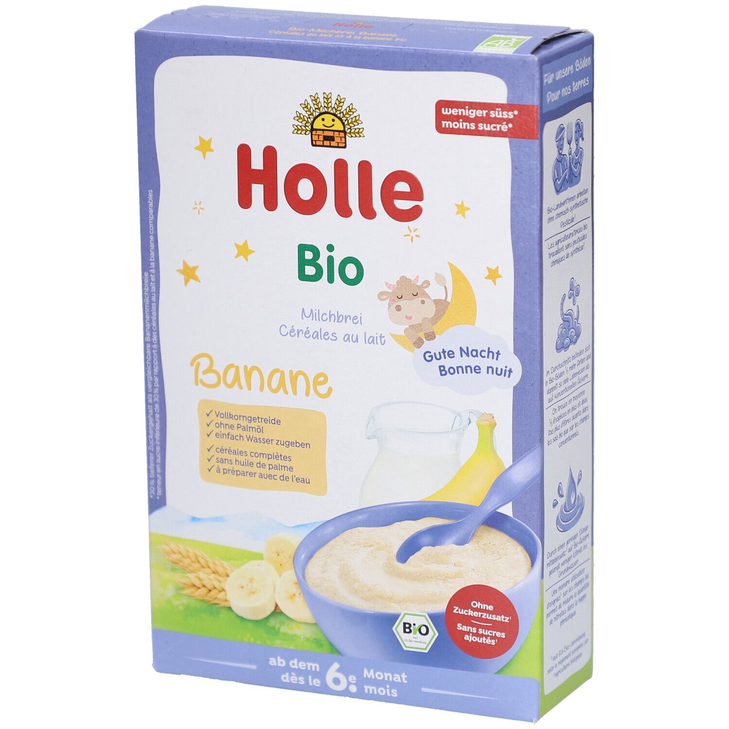 Boîte de céréales au lait Holle Bio Banane. Inscriptions : Holle Bio, Banane, à partir de 6 mois. Illustration de bouillie, banane et lait.