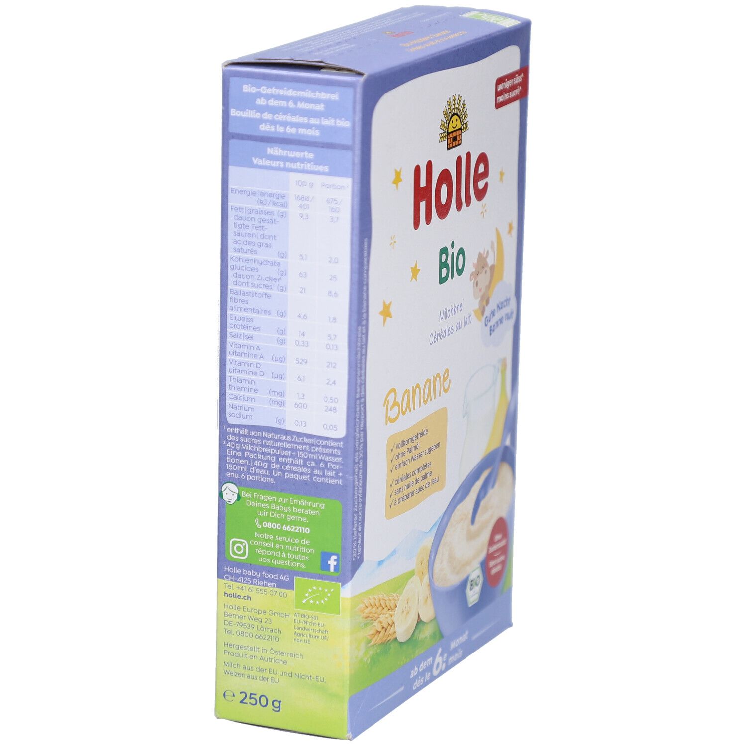 Vue latérale de l'emballage Holle Bio Banane. Informations nutritionnelles et certification bio. Inscription : 250g.
