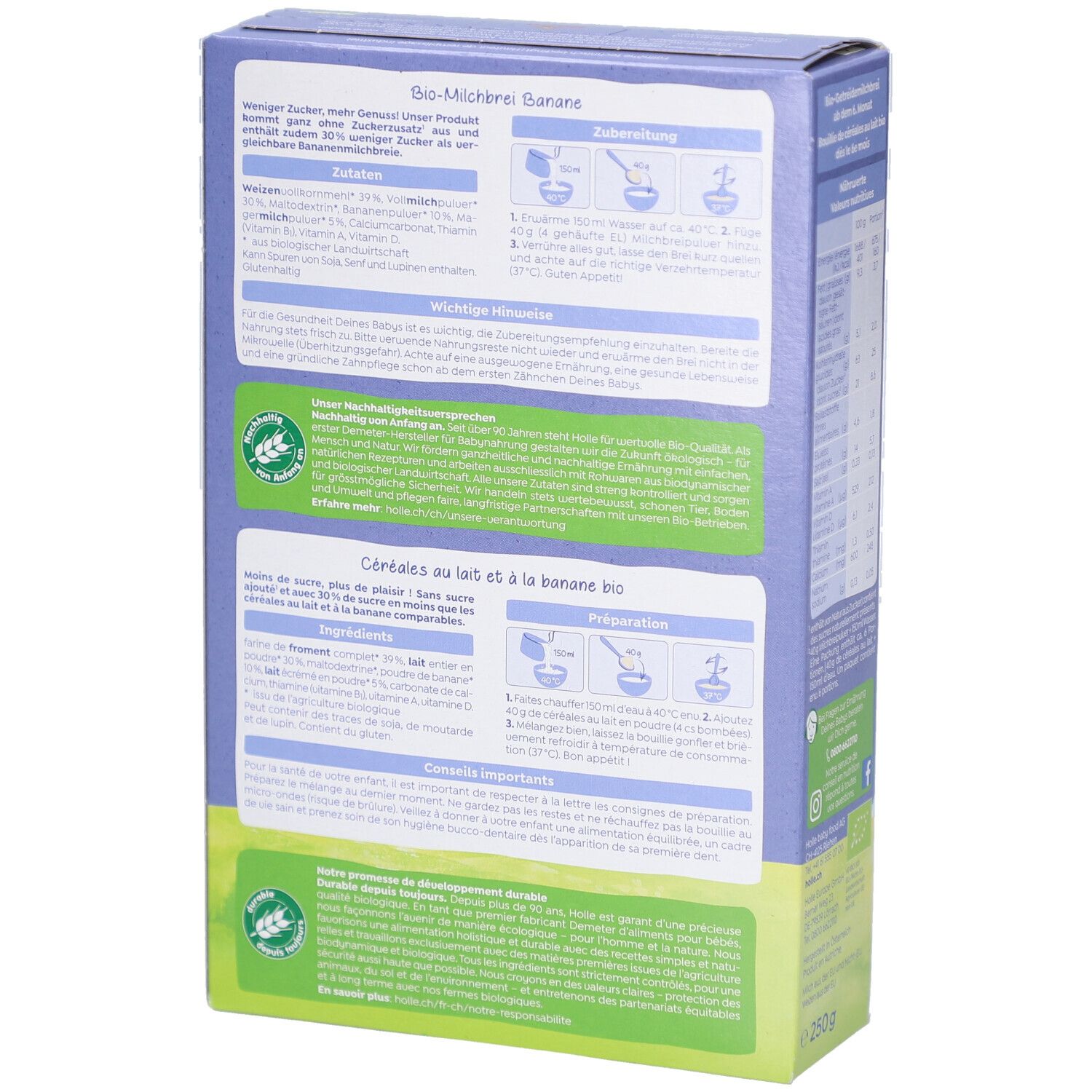 Dos de l'emballage Holle Bio Banane. Informations sur la préparation et les ingrédients. Certification bio.