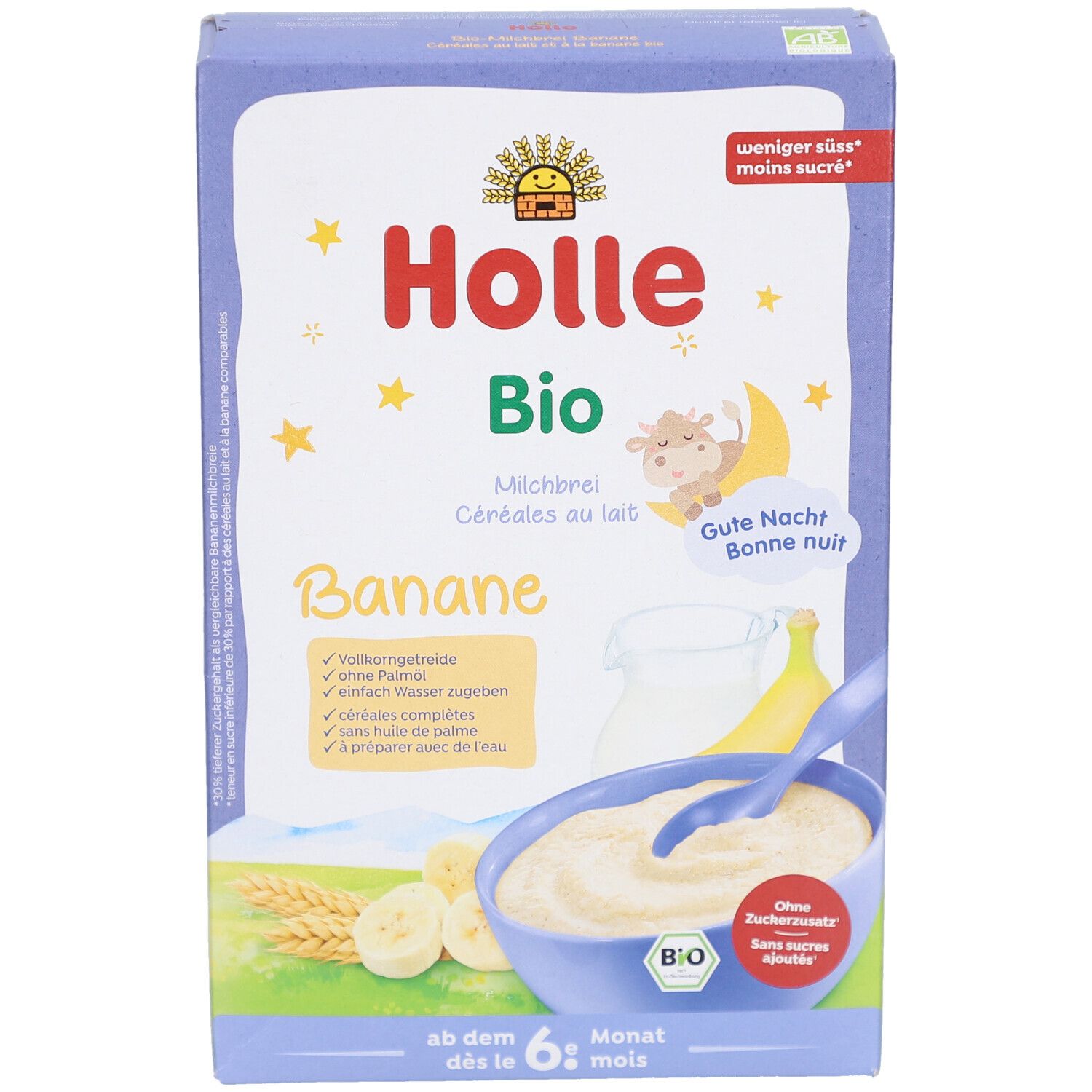 Emballage Holle Bio Banane. Inscriptions : Holle Bio, Banane, à partir de 6 mois. Illustration de bouillie, banane et lait.