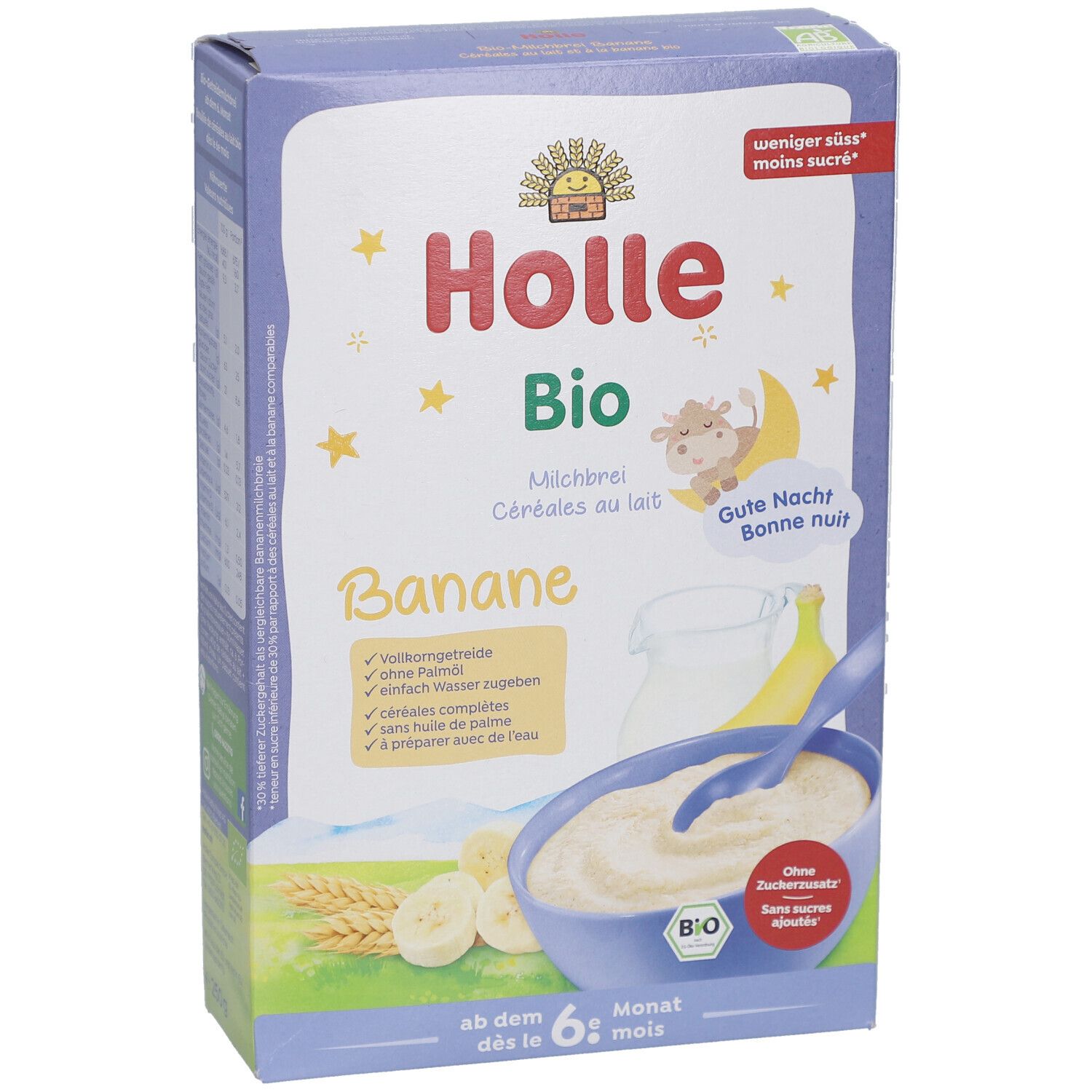 Emballage Holle Bio Banane. Inscriptions : Holle Bio, Banane, à partir de 6 mois. Illustration de bouillie, banane et lait.