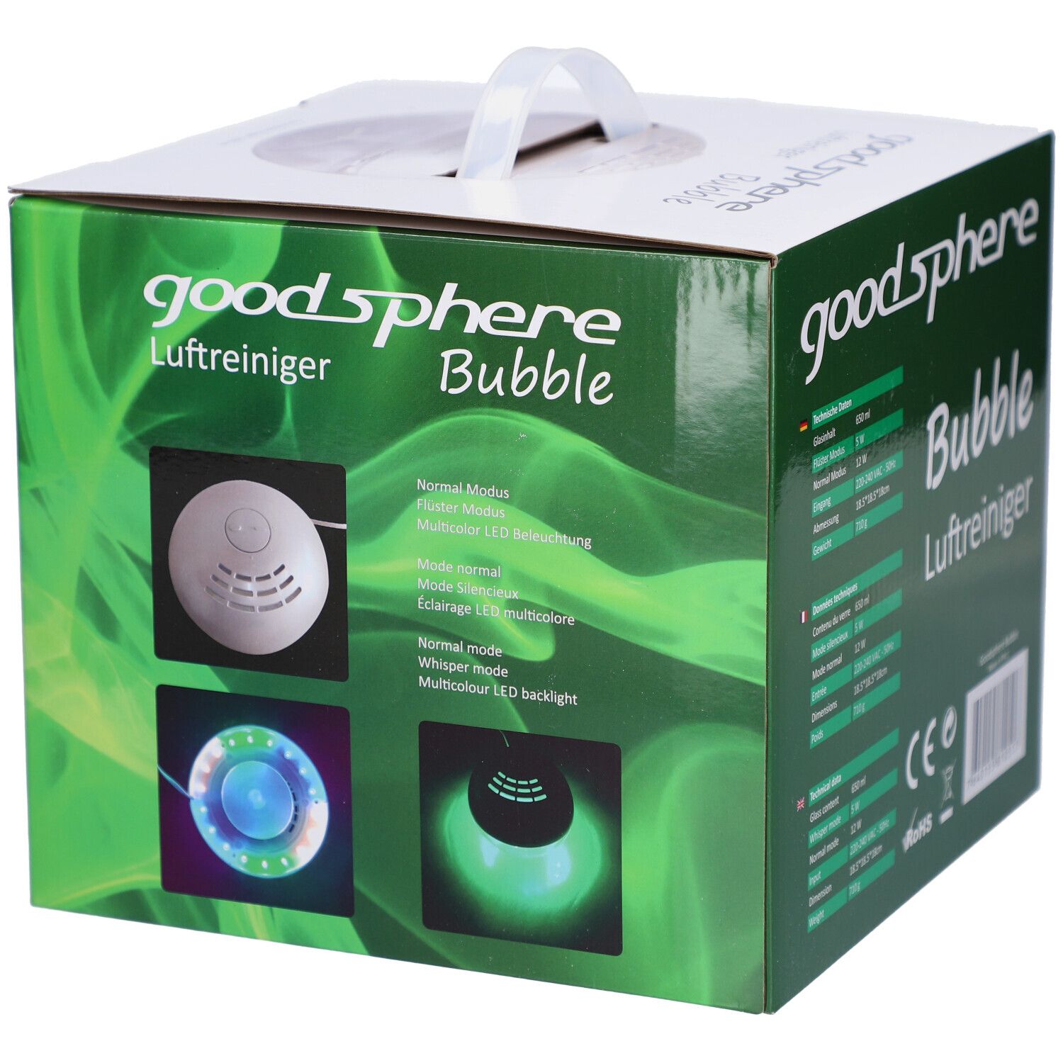 Emballage GOODSPHERE Bubble. Images du produit avec éclairage LED. Emballage vert avec poignée.