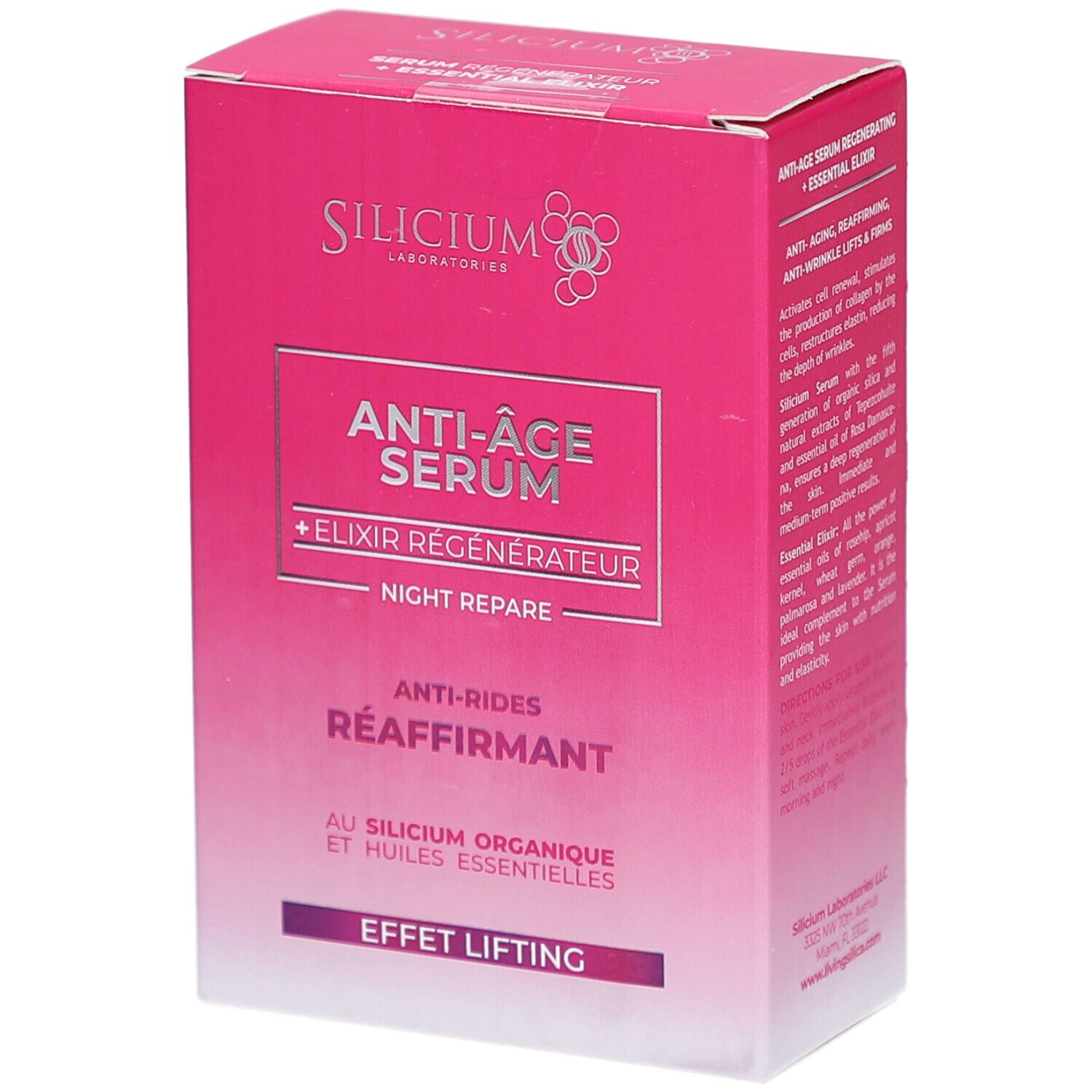 Verpakking: Silicium Anti-Aging Regenererend Serum + Essentieel Elixer, Nacht Herstel.