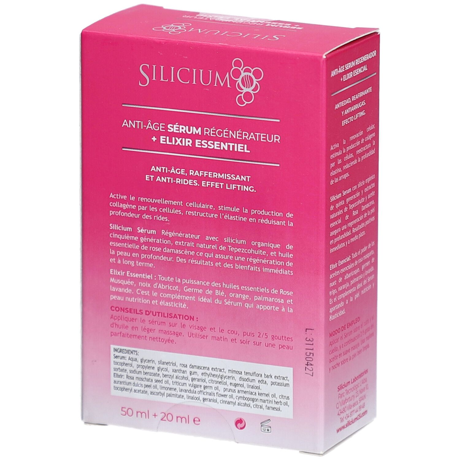 Verpakking: Silicium Anti-Aging Serum Regenerateur + Essentieel Elixer, Anti-rimpel, Verstevigend, Lifting-effect.