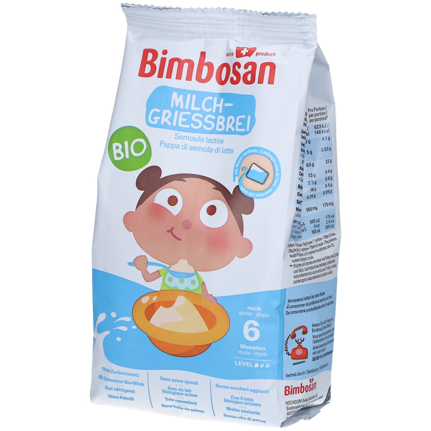 Sachet de Bimbosan Bio-Milchgriessbrei. Emballage avec illustration du produit et logo. Contient des informations sur les ingrédients et l'âge.