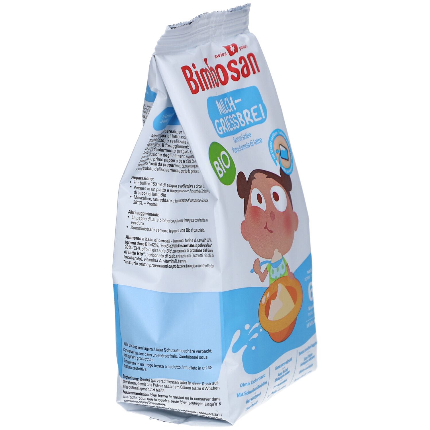 Sachet de Bimbosan Bio-Milchgriessbrei en biais. Verso avec texte, logo et code QR. Contient des informations sur la préparation et les ingrédients.