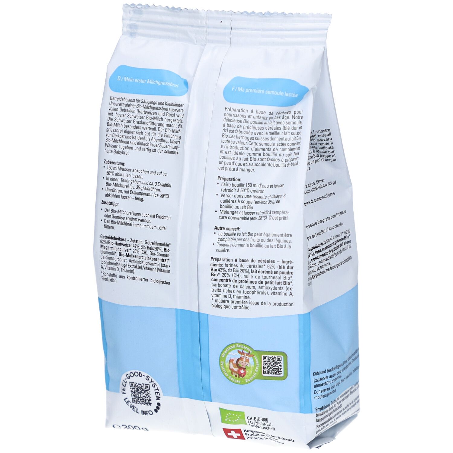 Verso du sachet de Bimbosan Bio-Milchgriessbrei. Texte, logo et code QR. Informations sur les ingrédients, la préparation et les certifications.