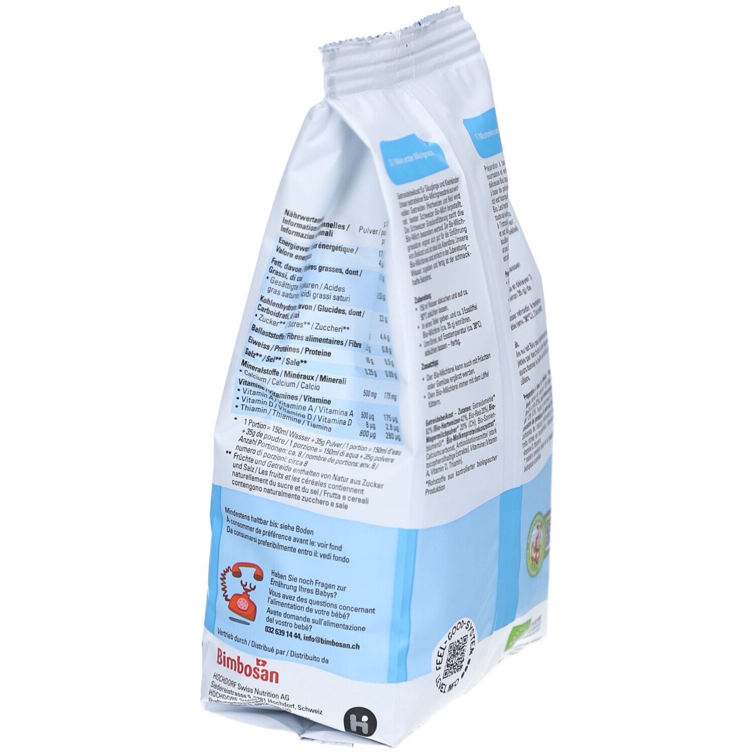 Sachet de Bimbosan Bio-Milchgriessbrei en biais. Côté avec texte et logo. Contient des informations sur les ingrédients et les valeurs nutritionnelles.