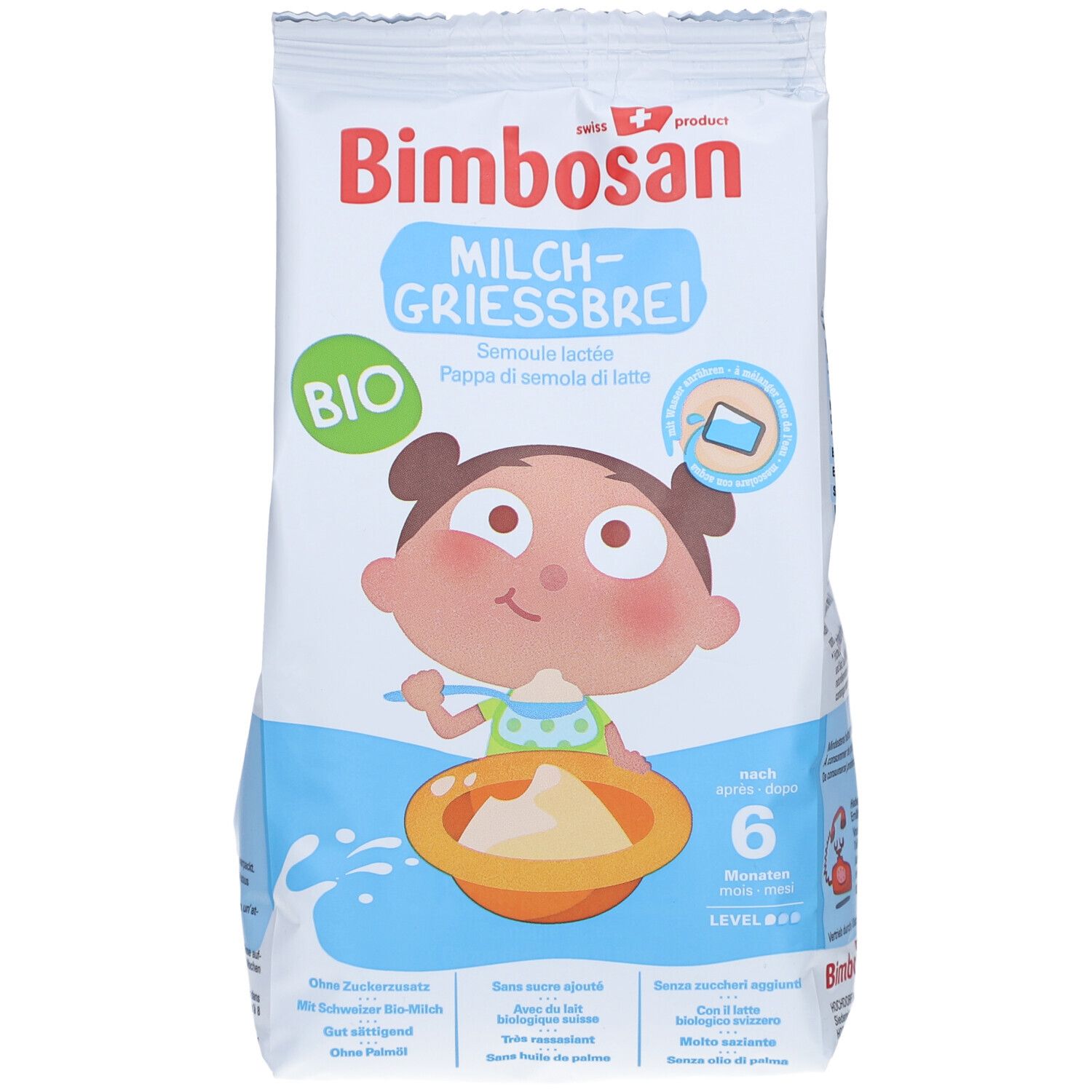 Sachet de Bimbosan Bio-Milchgriessbrei. Face avant avec illustration du produit, logo et recommandation d'âge. Contient des informations.