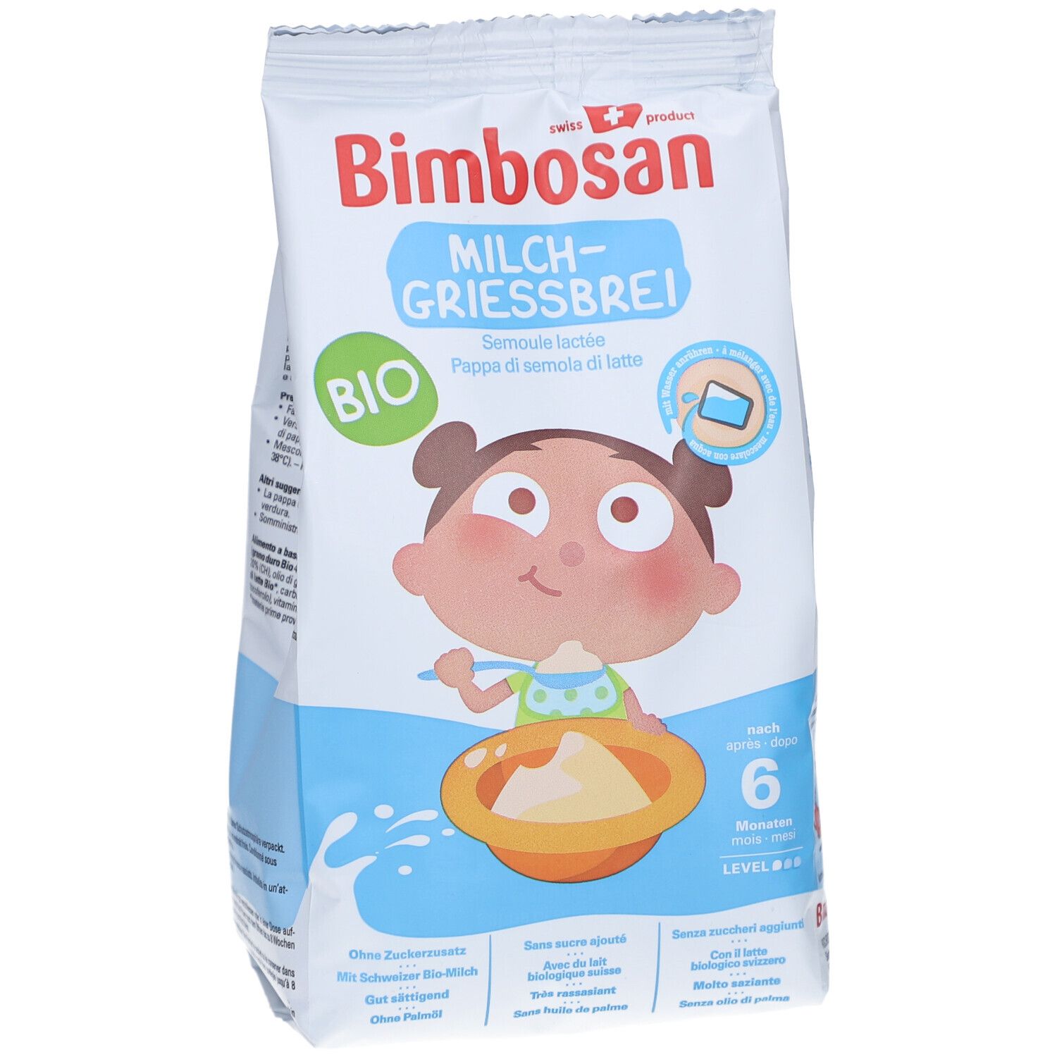 Sachet de Bimbosan Bio-Milchgriessbrei. Face avant avec illustration du produit, logo et recommandation d'âge. Contient des informations.