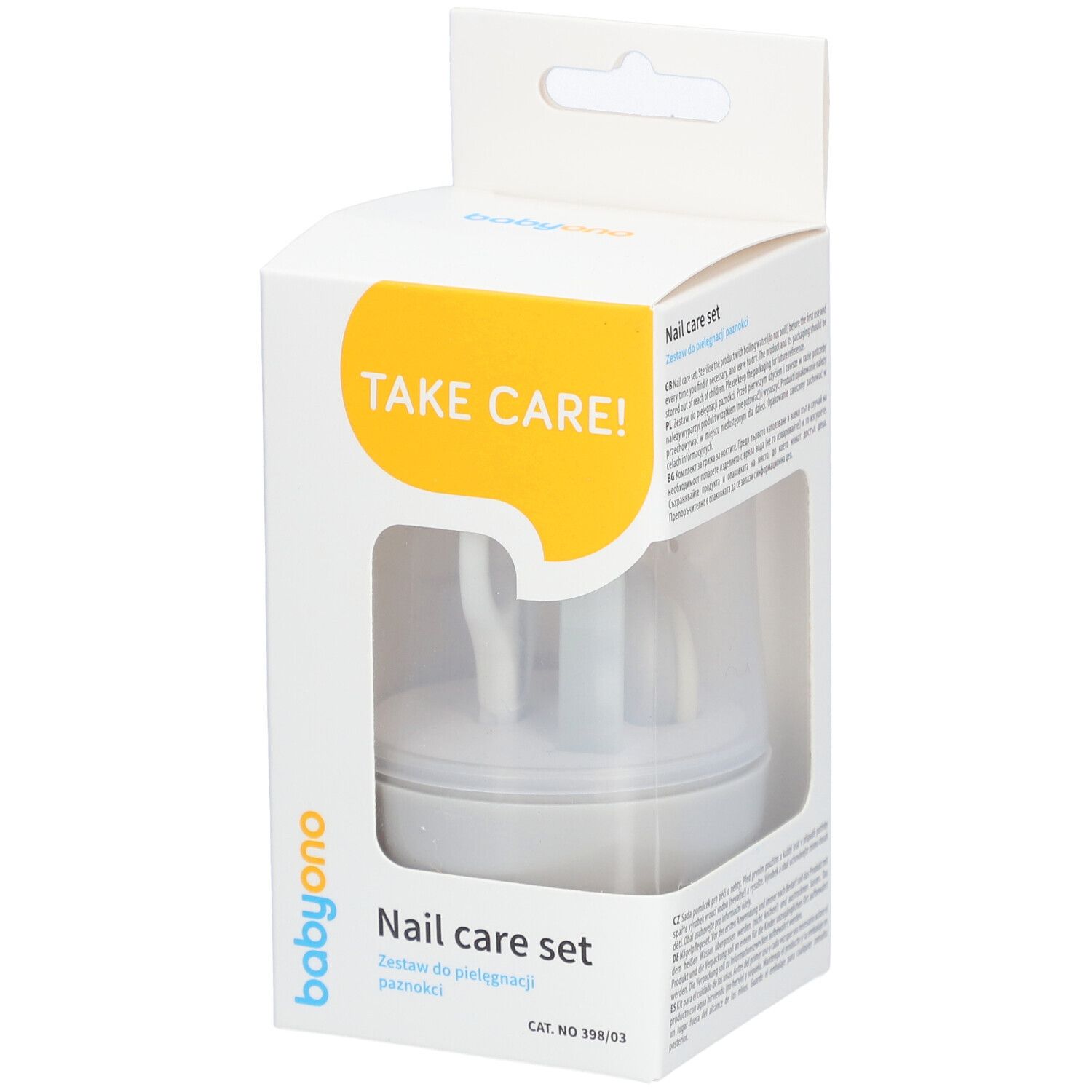 Set de soins des ongles Babyono dans son emballage. Comprend une lime à ongles, des ciseaux et un coupe-ongles. Emballage blanc avec fenêtre.