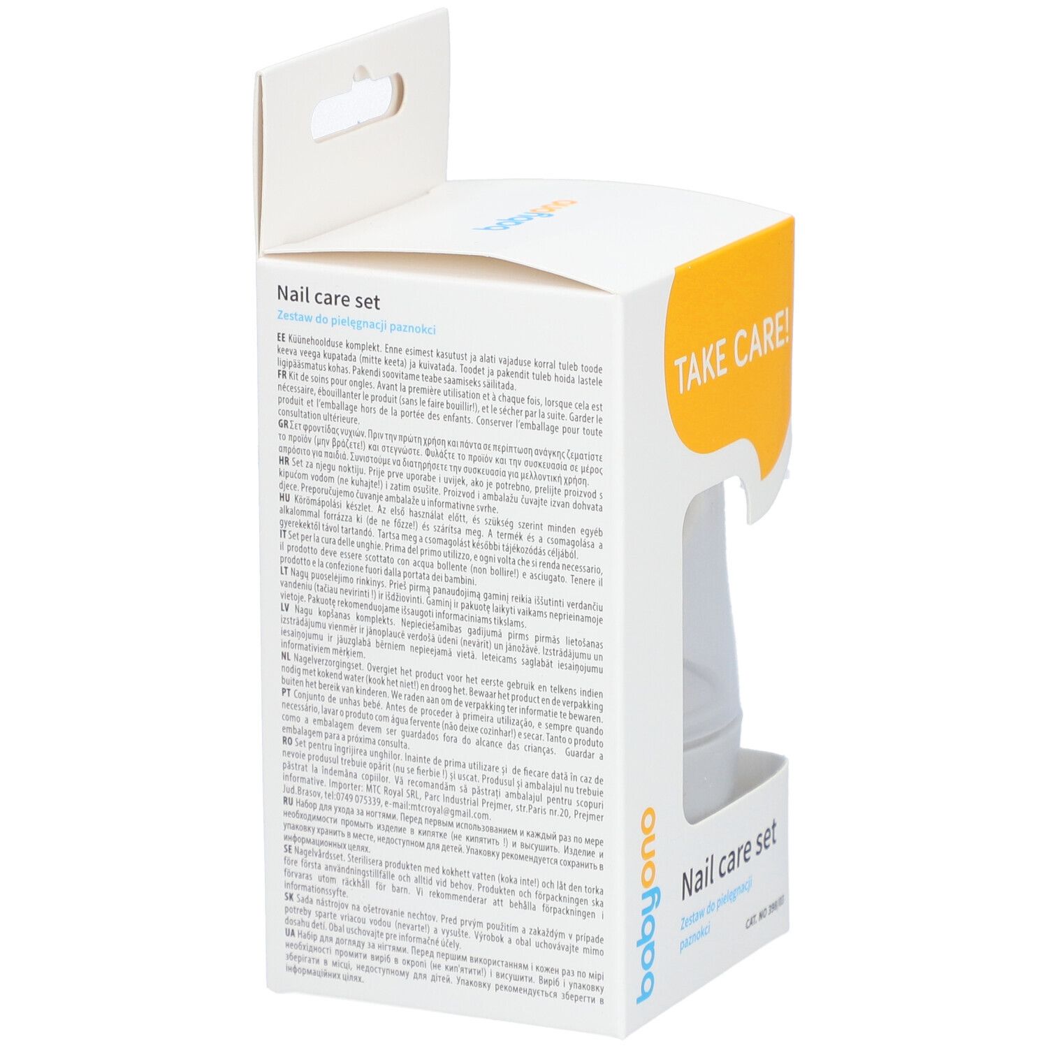 Emballage du set de soins des ongles Babyono, vue latérale. Texte : Nail care set. Contient des informations et des illustrations. Blanc et jaune.