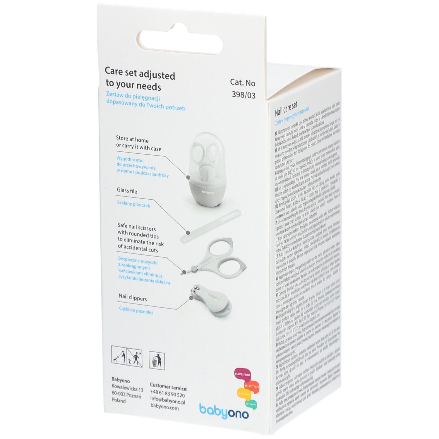 Dos de l'emballage du set de soins des ongles Babyono. Illustrations des articles inclus : lime, ciseaux, coupe-ongles. Texte : Care set adjusted to your needs.