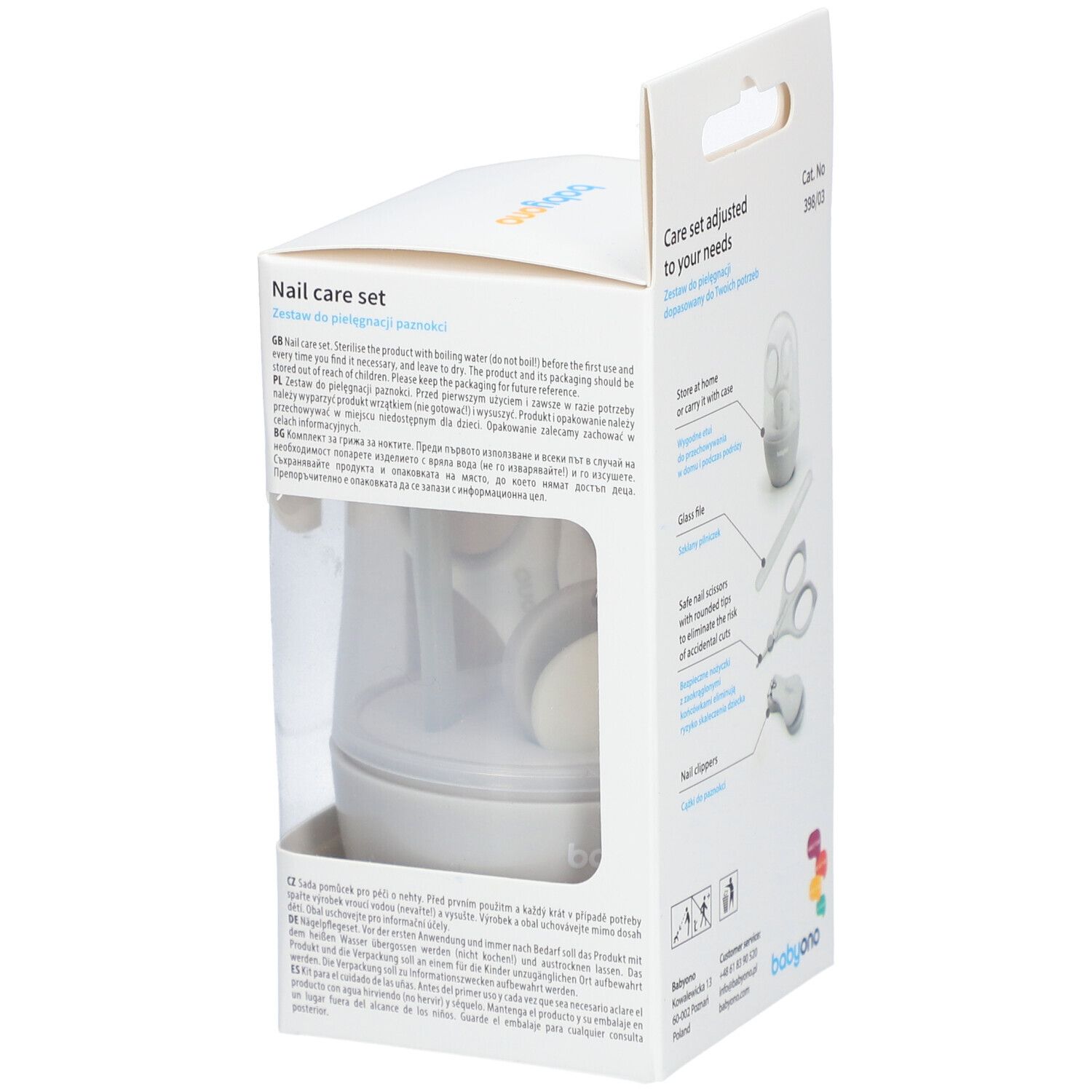 Emballage du set de soins des ongles Babyono, vue latérale. Comprend une lime à ongles, des ciseaux et un coupe-ongles. Blanc et jaune. Texte : Nail care set.