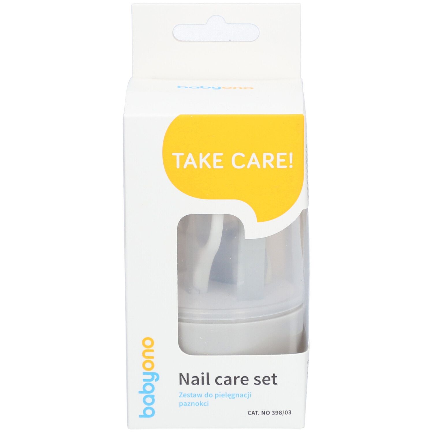 Set de soins des ongles Babyono dans son emballage. Comprend une lime à ongles, des ciseaux et un coupe-ongles. Emballage blanc avec fenêtre. Texte : Take Care!