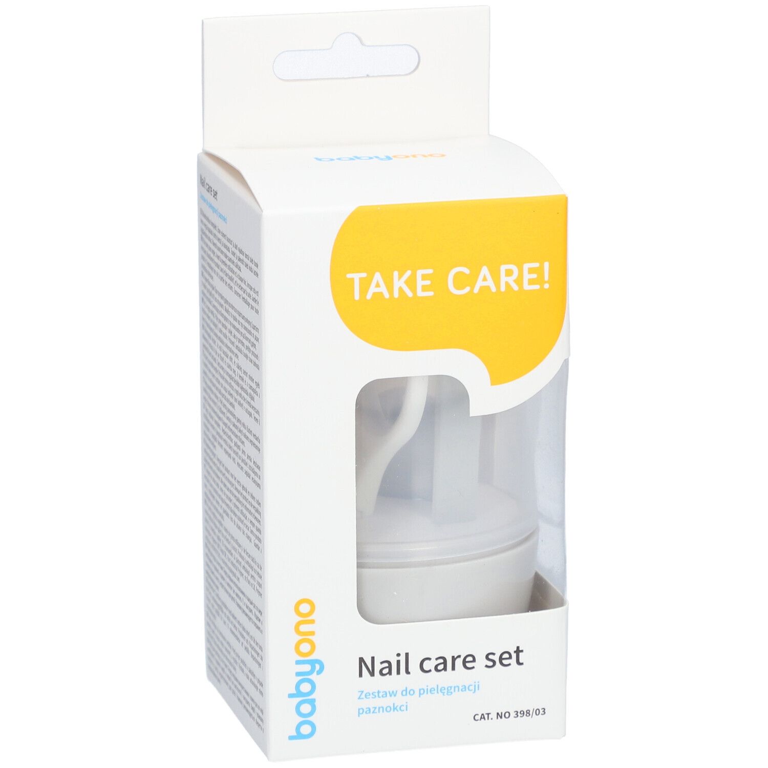 Set de soins des ongles Babyono dans son emballage. Comprend une lime à ongles, des ciseaux et un coupe-ongles. Emballage blanc avec fenêtre. Texte : Take Care!