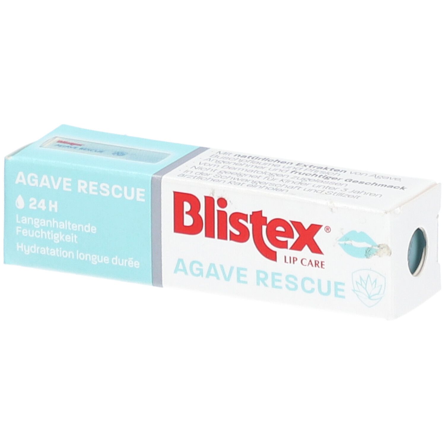 Boîte Blistex Agave Rescue. Emballage turquoise et blanc. Nom du produit et logo visibles.