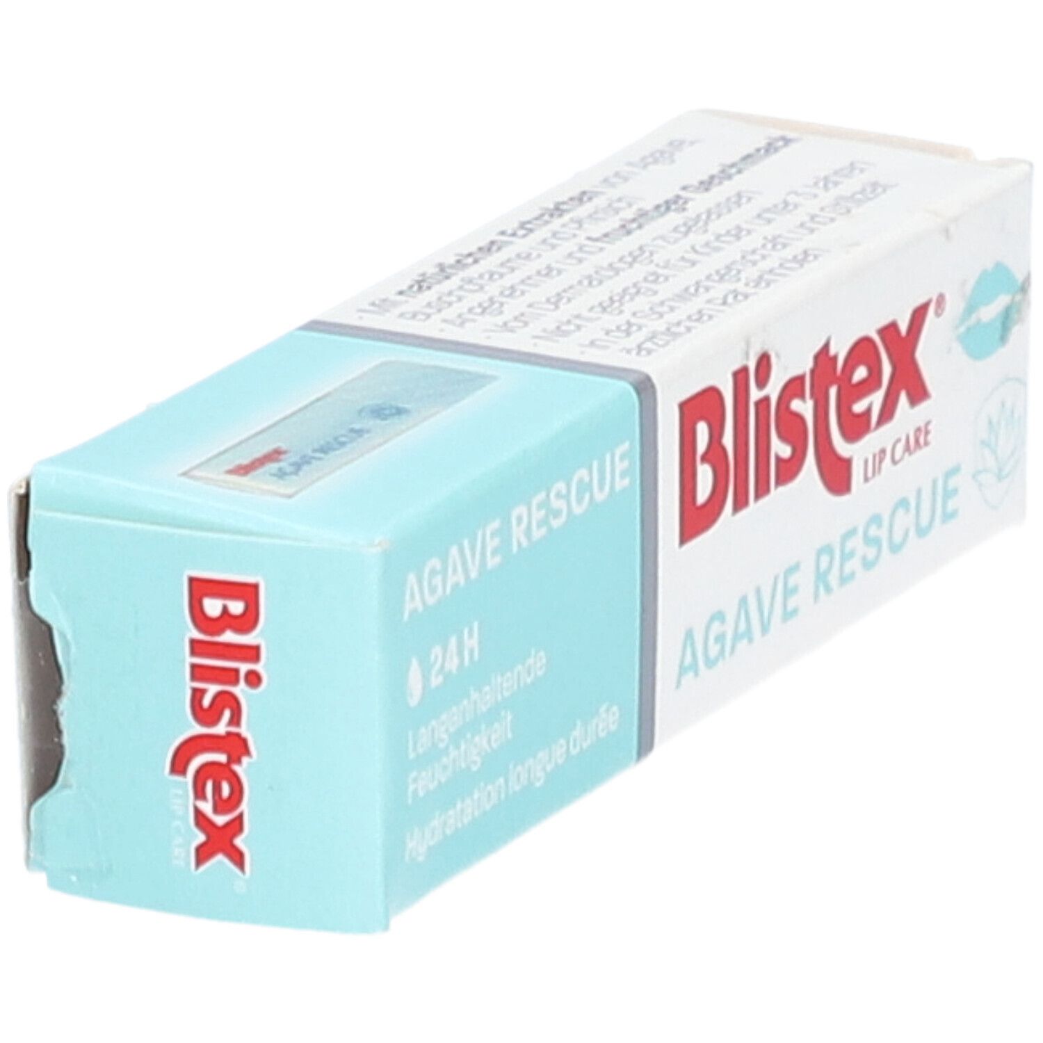 Emballage Blistex Agave Rescue. Boîte turquoise et blanche. Nom et logo du produit visibles.
